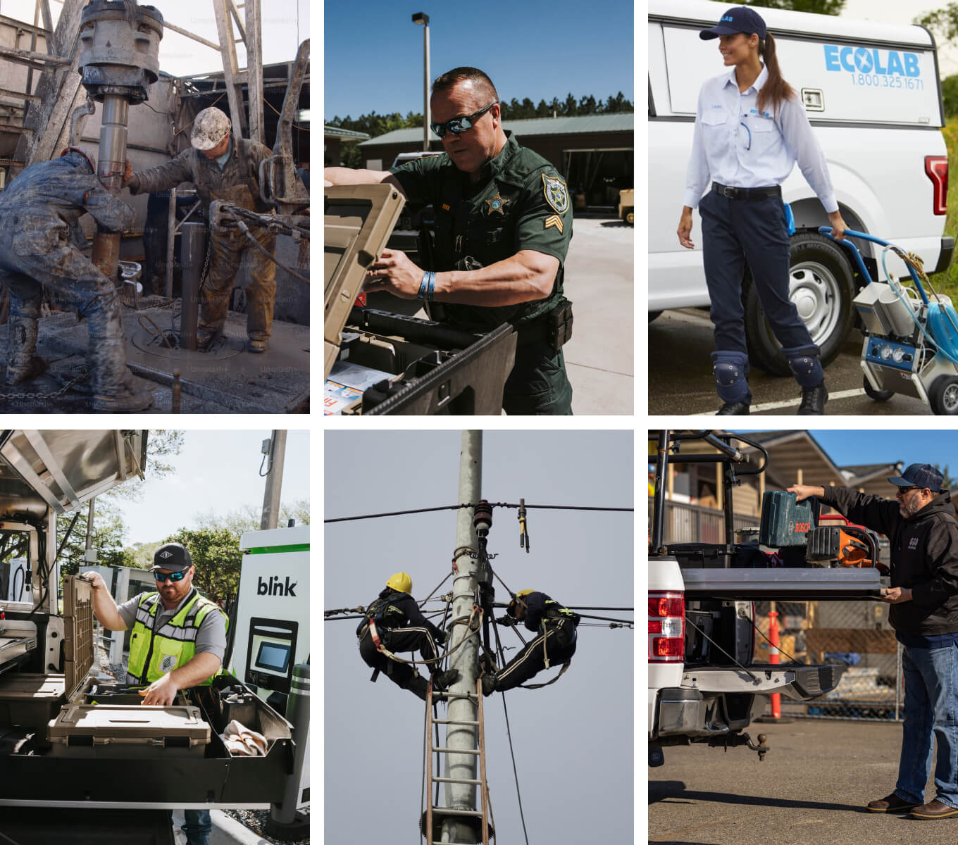 A photo grid of workers in different sectors who use DECKED products.