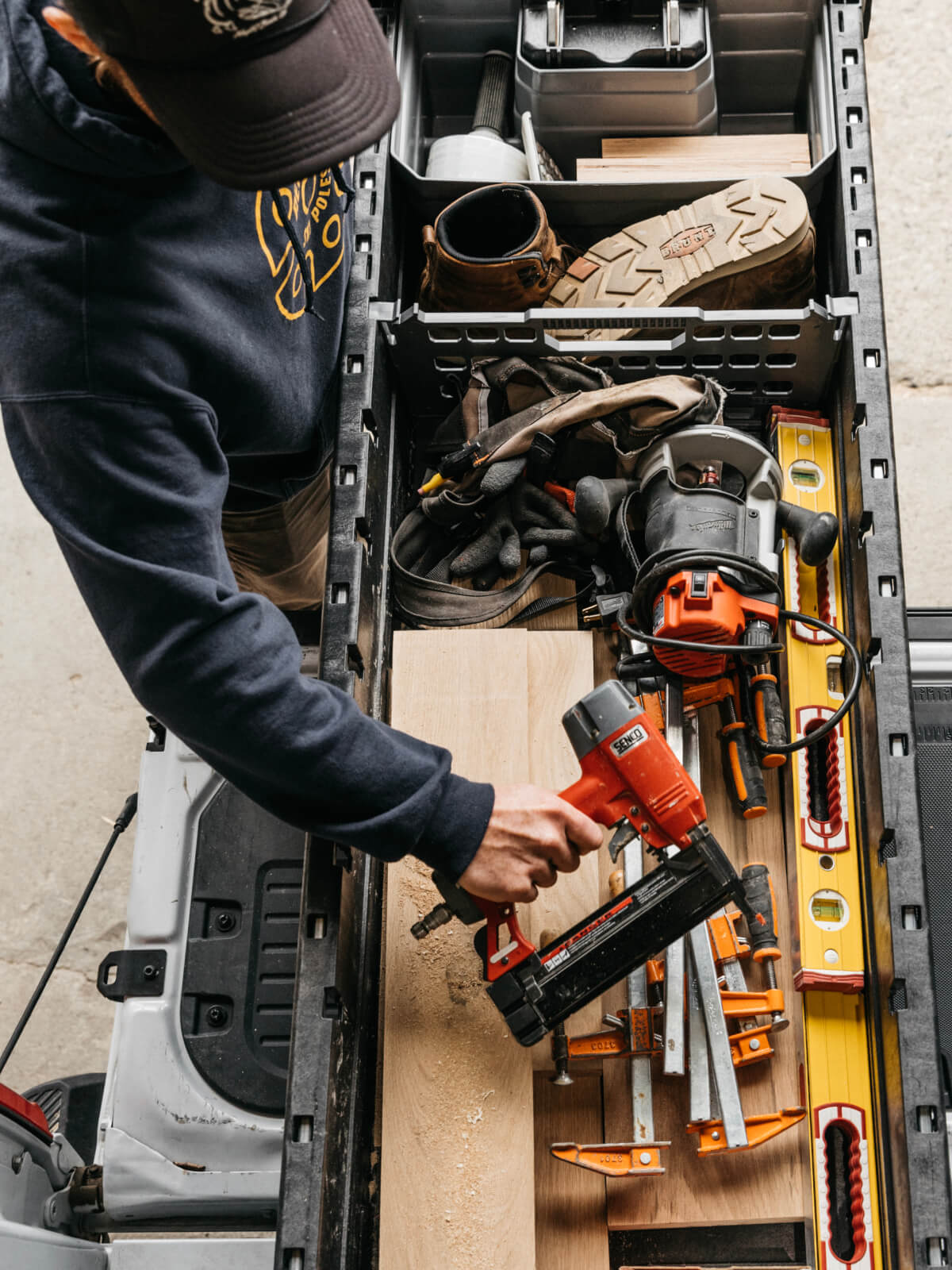 Overhead view of construction tool storage in a new drawer system