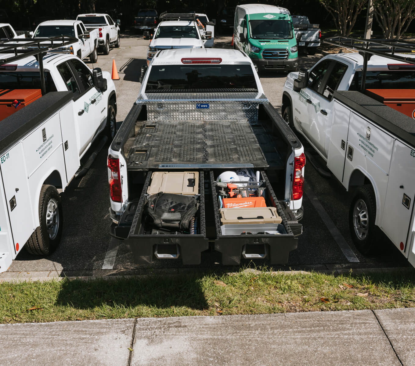 Fleet truck with full size drawer system full of tools.
