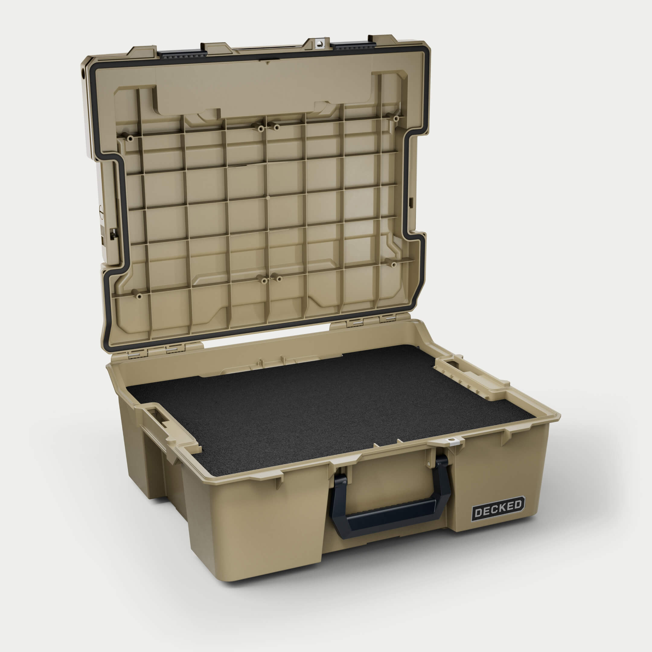 The Desert Tan Halfrack 32 open with Custom Foam inside (sold seperately).
