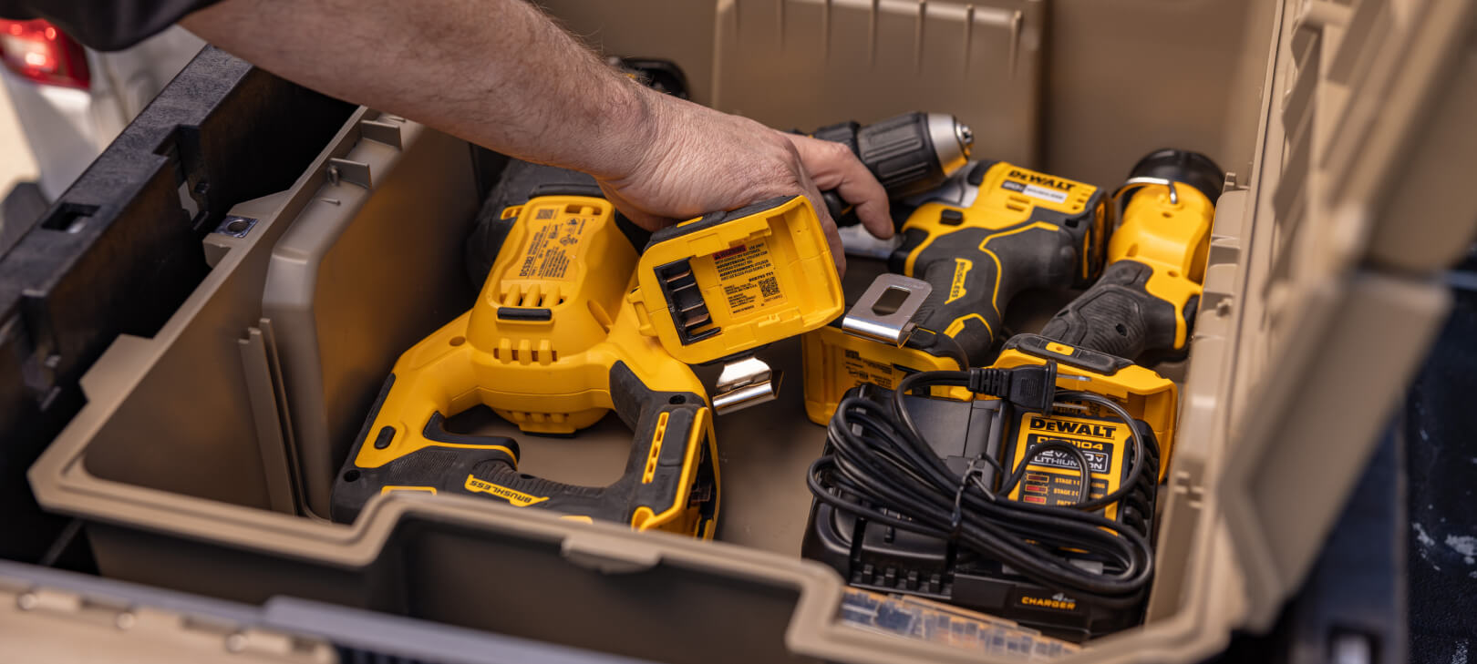 The Desert Tan Halfrack 32 being used to store power tools