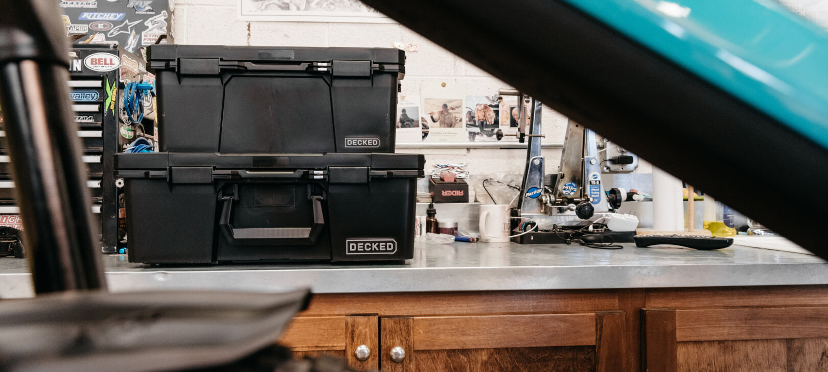 Black Halfrack sitting on a garage workbench
