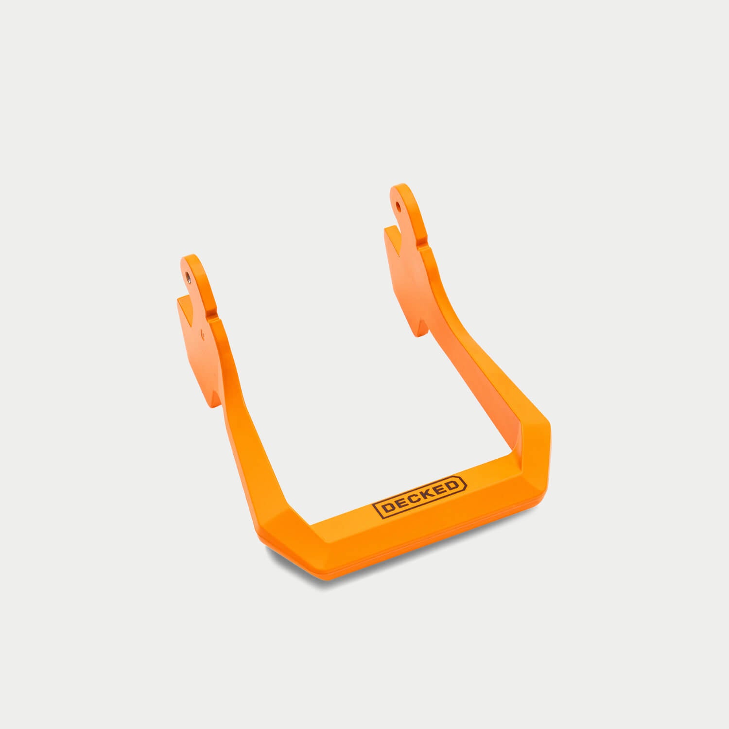 Orange metal Drawer System handle with 'DECKED' branding on a light gray background