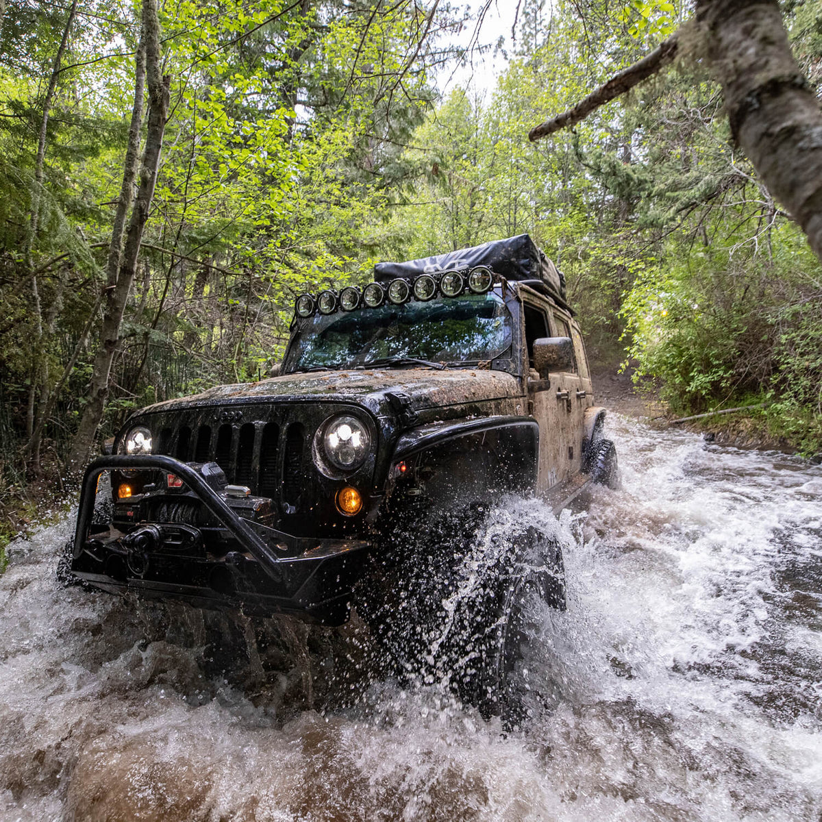 A mud-splattered black Jeep Wrangler with its headlights on drives through a rushing forest creek, water spraying off the front tire. The rig is built for overlanding, with a roof rack, a row of auxiliary lights above the windshield, and a steel front bumper with a winch. Dense green trees frame the narrow trail.