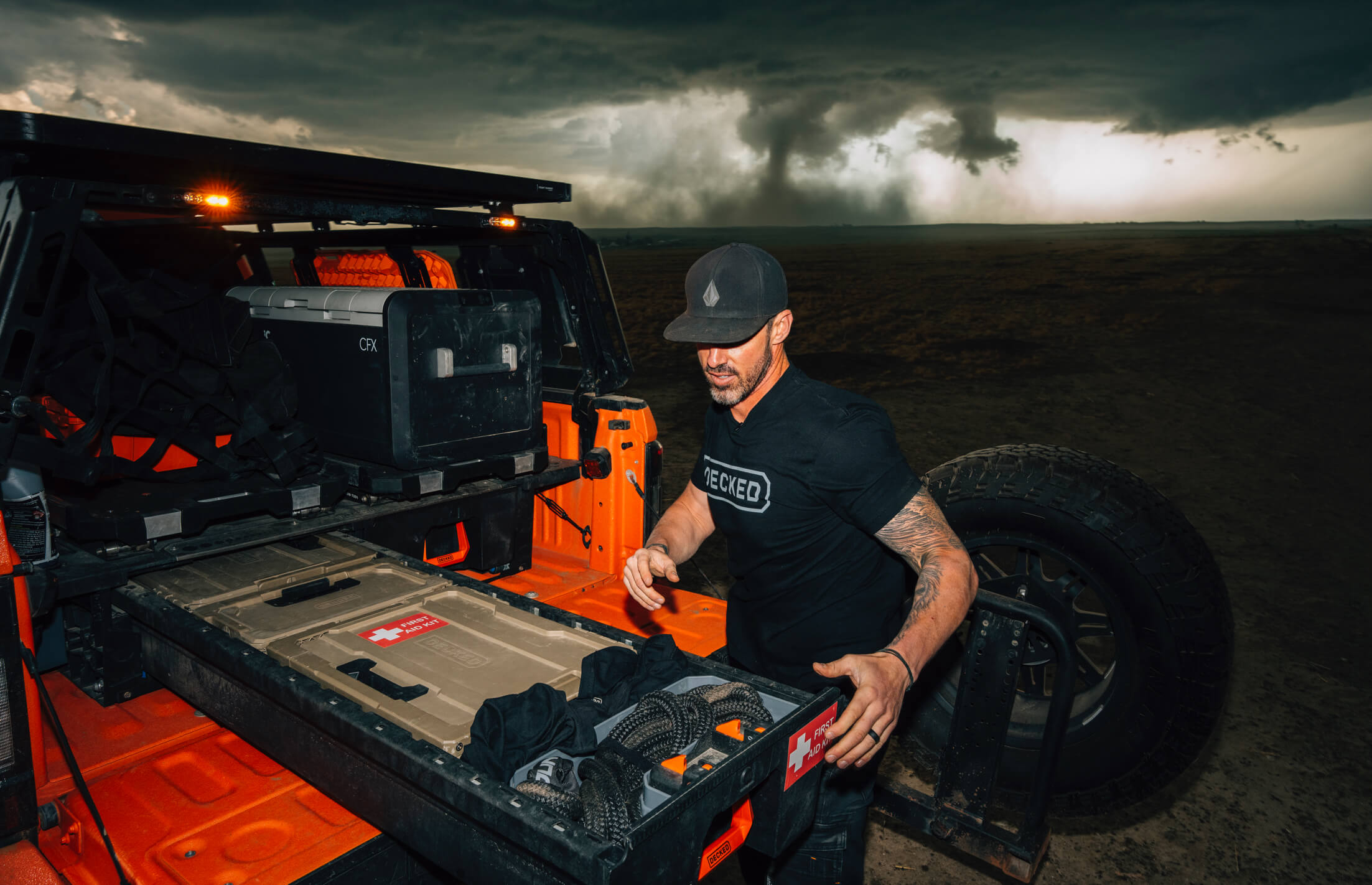 Ricky Forbes organizing items in his Drawer System with a literal tornado in the background.