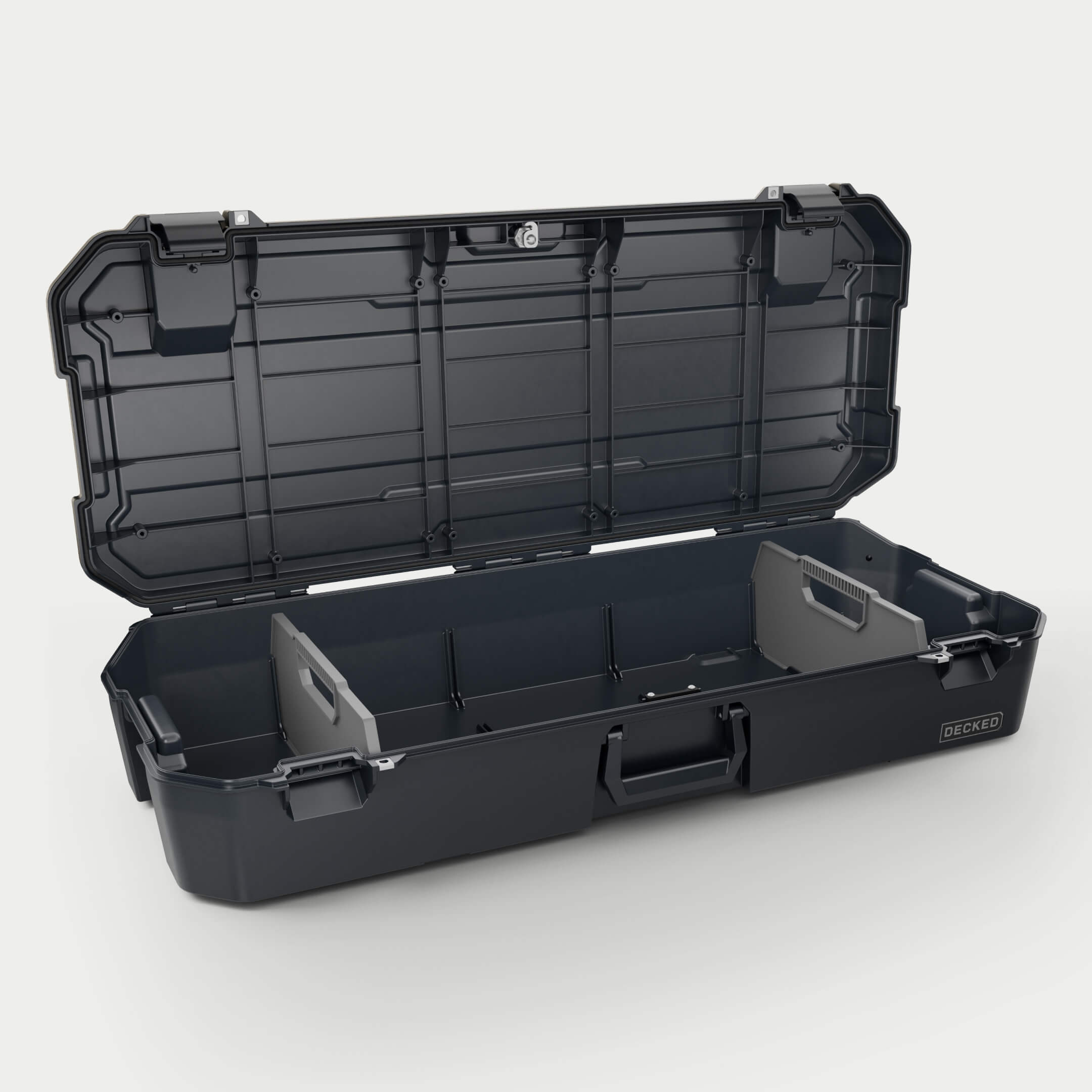 Angle view of an open black Honcho with dividers