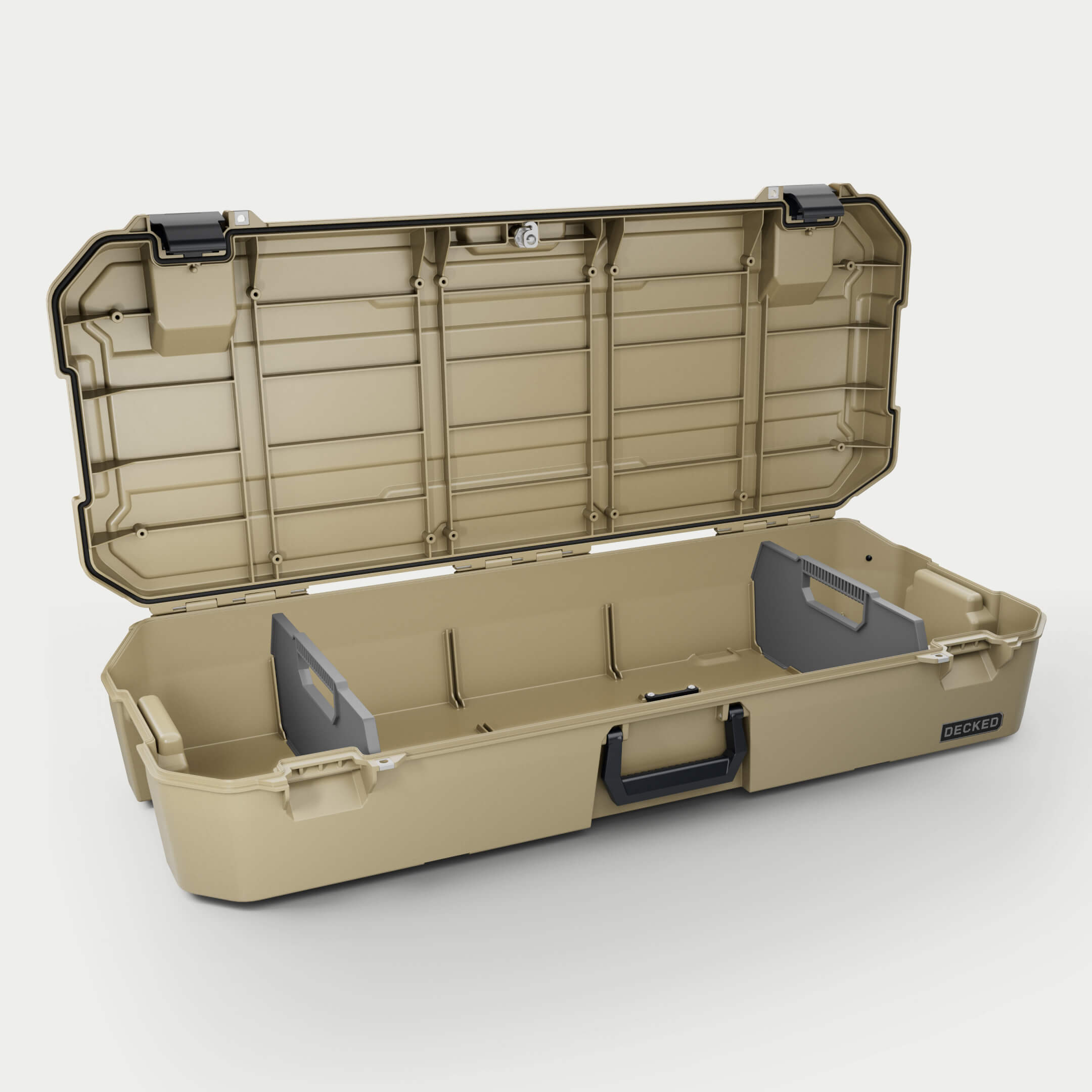 Angle view of an open Desert Tan Honcho with dividers