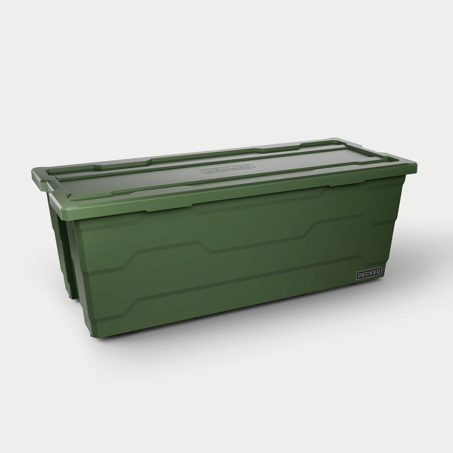 One ranger green Payloader 133 bin, closed on a white background with a DECKED logo in the bottom right hand corner of the bin.