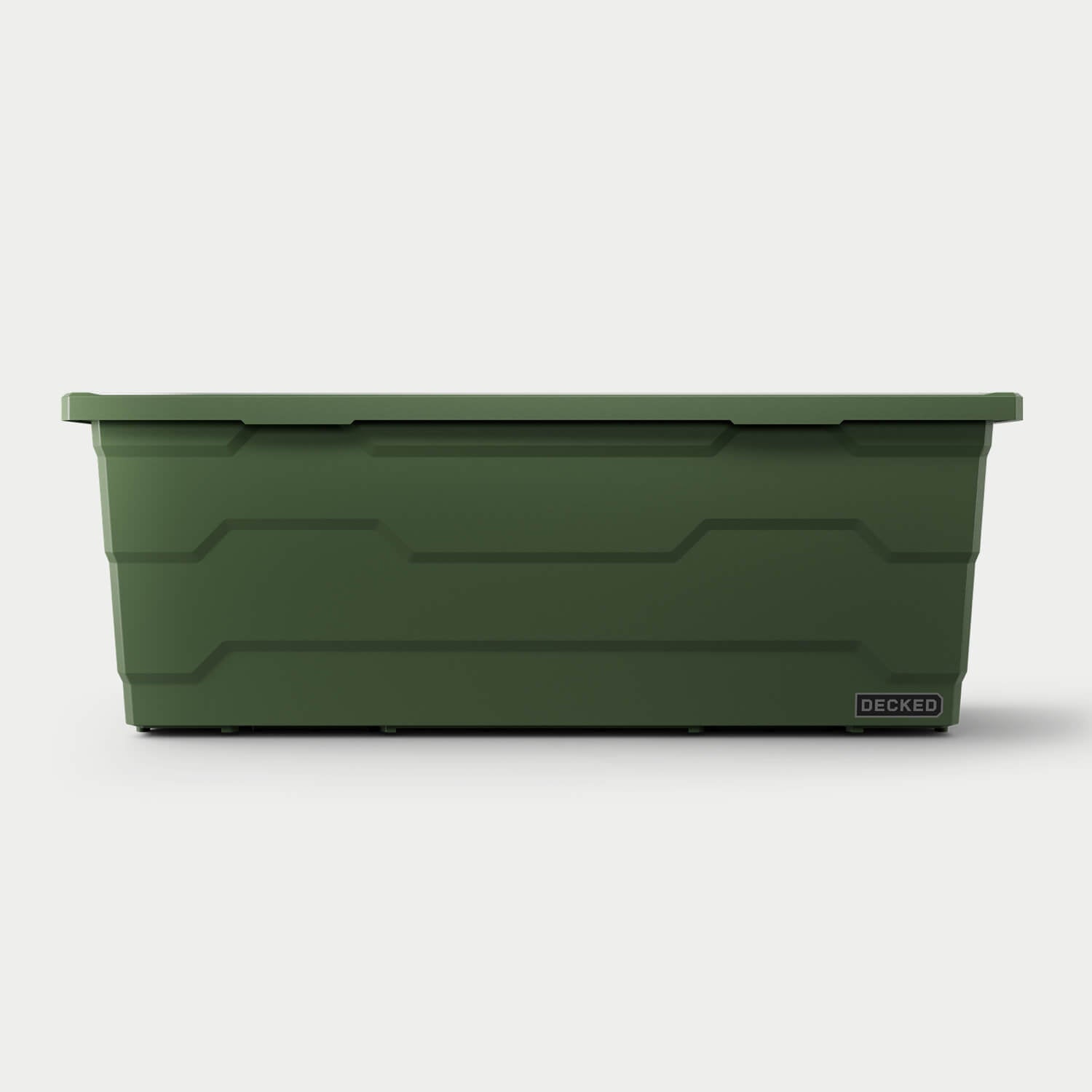 The front of one ranger green Payloader 133 bin, closed on a white background with a DECKED logo in the bottom right hand corner of the bin.