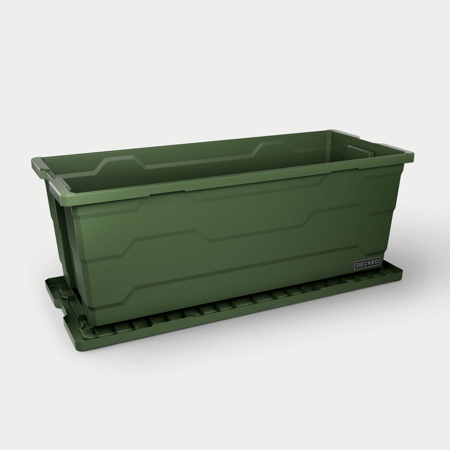 One ranger green Payloader 133 bin, open on a white background with the lid sitting under the bin.