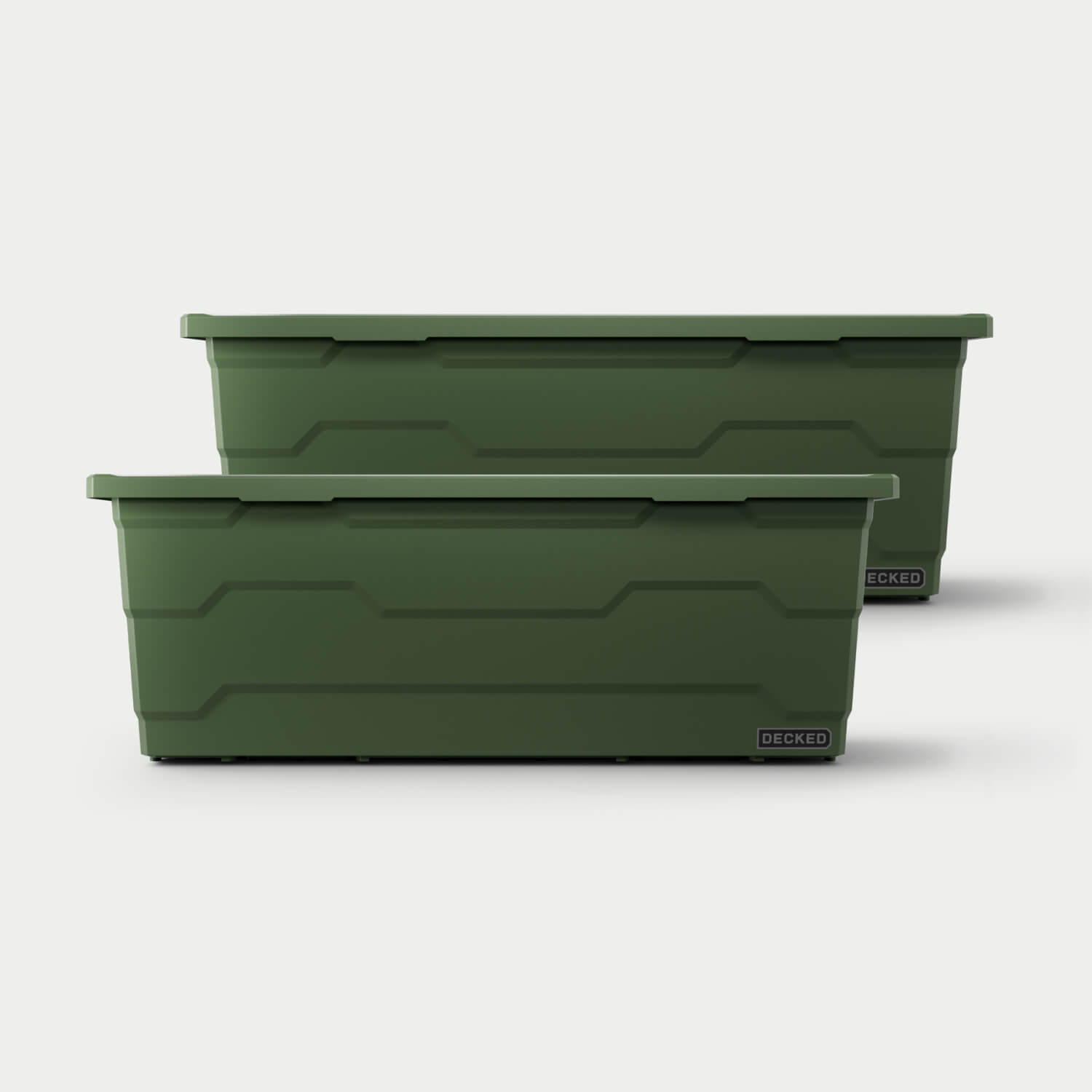 Two ranger green Payloader 133 bins, closed on a white background, staggered diagonally.