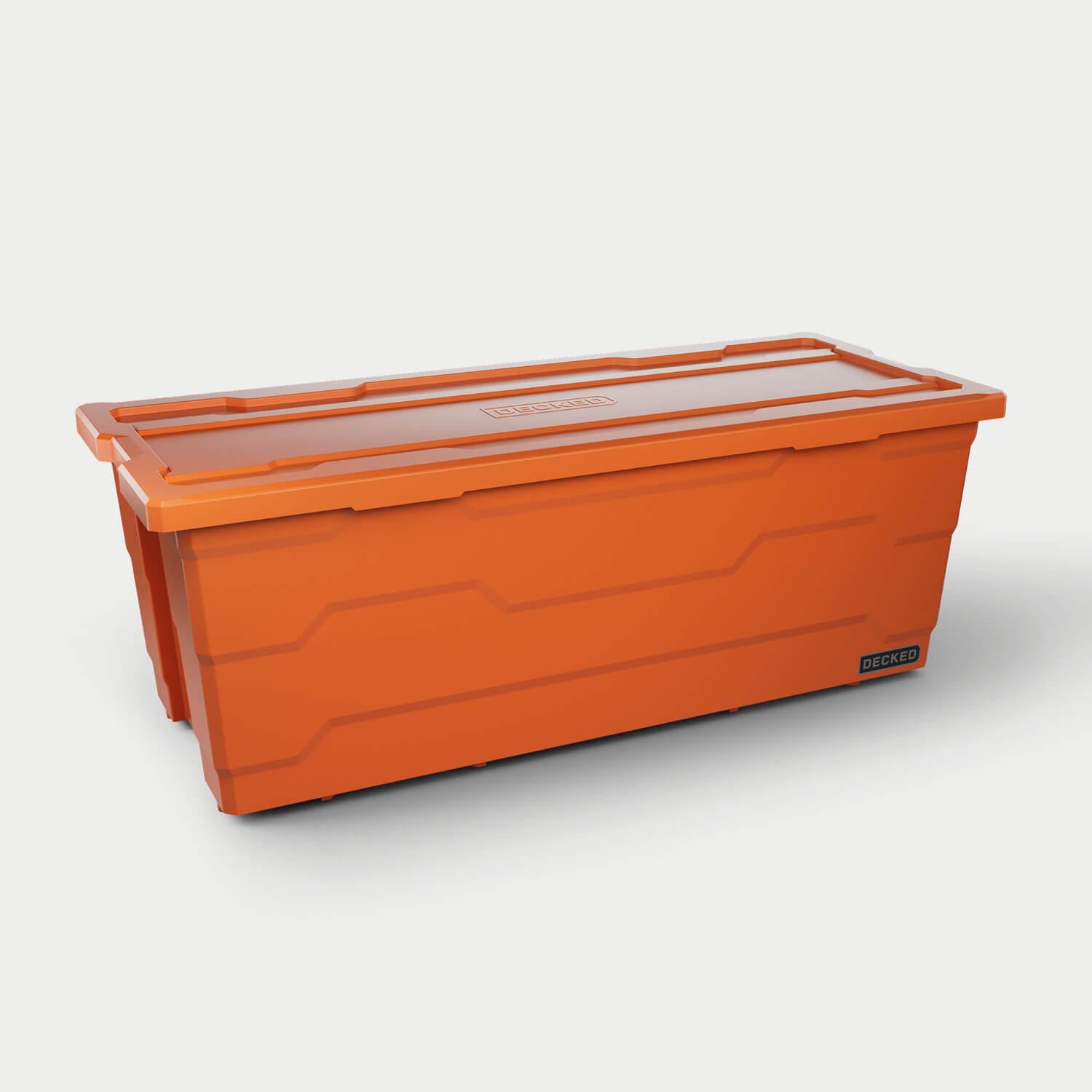 One blaze orange Payloader 133 bin, closed on a white background with a DECKED logo in the bottom right hand corner of the bin.