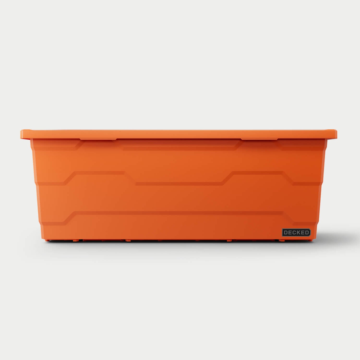 The front of one blaze orange Payloader 133 bin, closed on a white background with a DECKED logo in the bottom right hand corner of the bin.