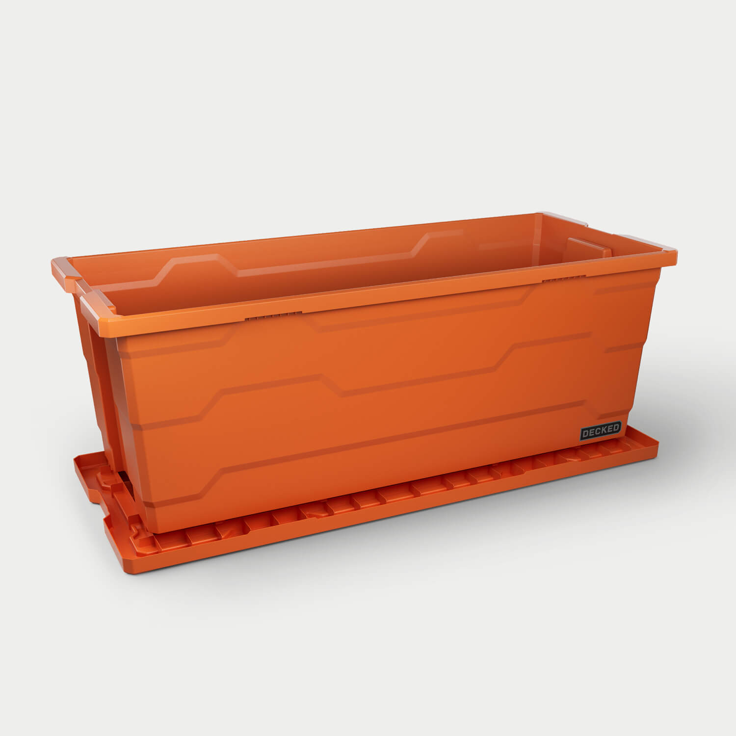 One blaze orange Payloader 133 bin, open on a white background with the lid sitting under the bin.