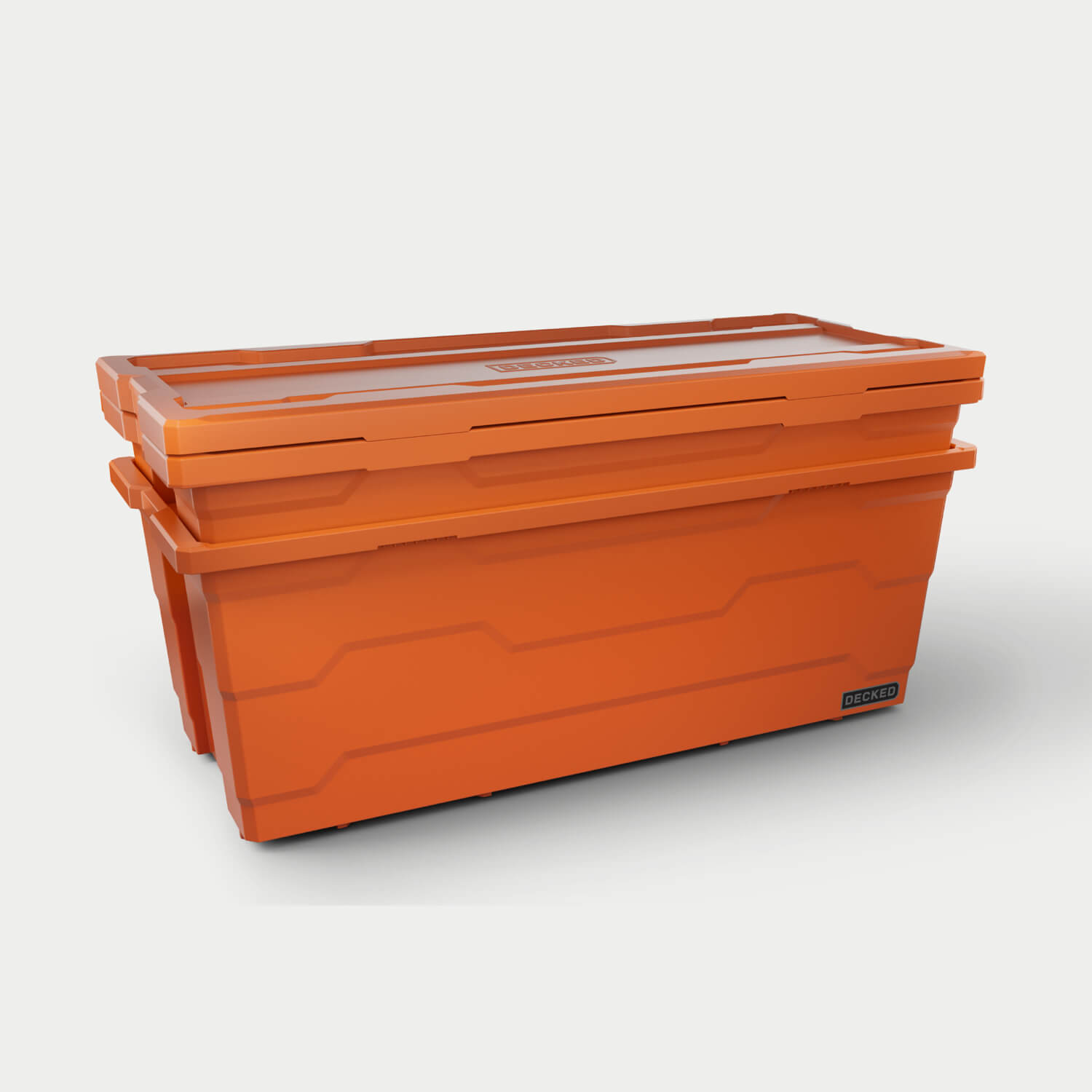 Two blaze orange Payloader 133 liter bins nested together with the three lids stacked on top.