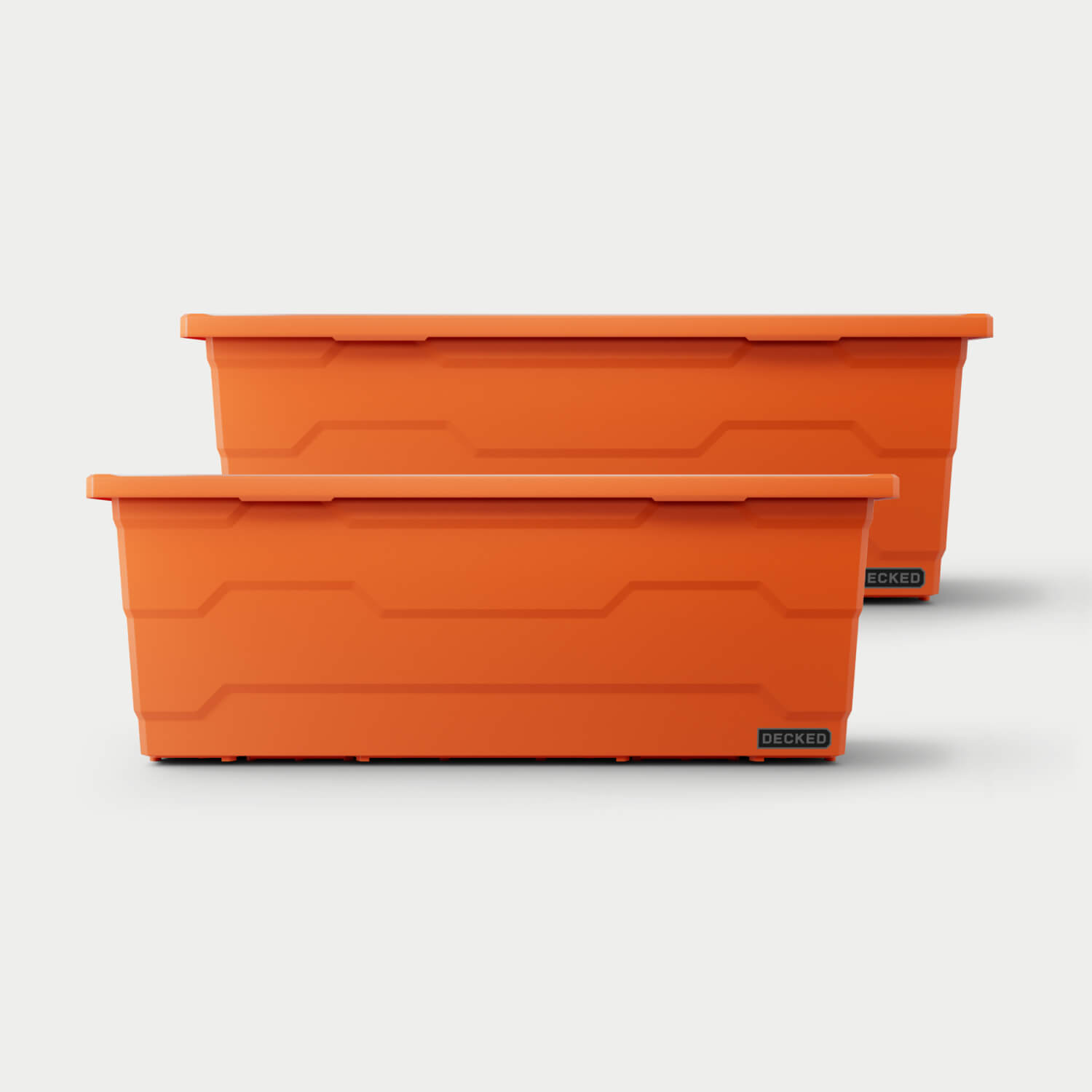 Two blaze orange Payloader 133 bins, closed on a white background, staggered diagonally.