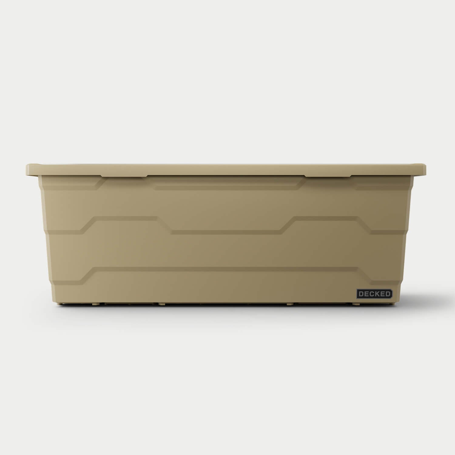 The front of one desert tan Payloader 133 bin, closed on a white background with a DECKED logo in the bottom right hand corner of the bin.