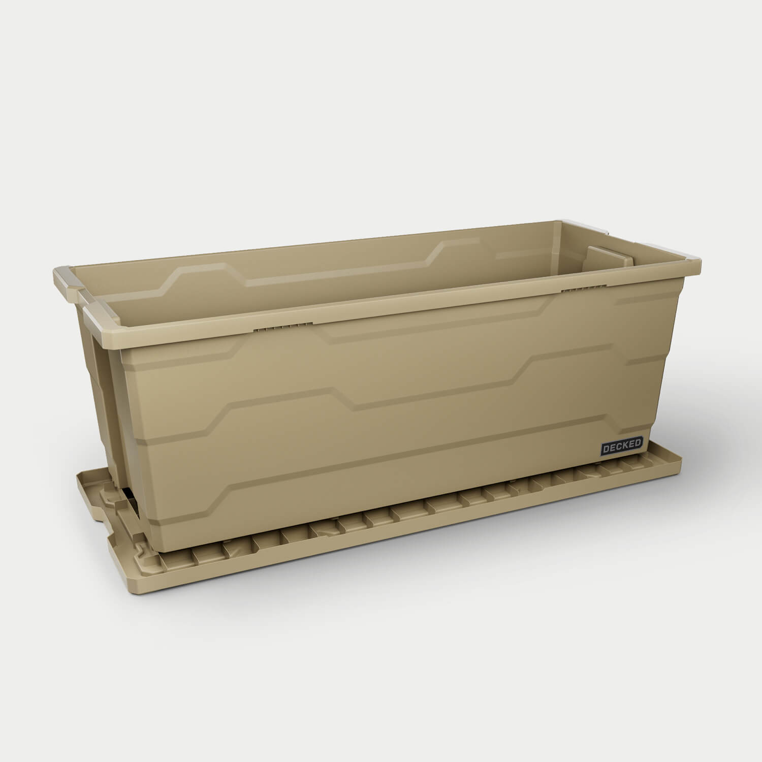 One desert tan Payloader 133 bin, open on a white background with the lid sitting under the bin.