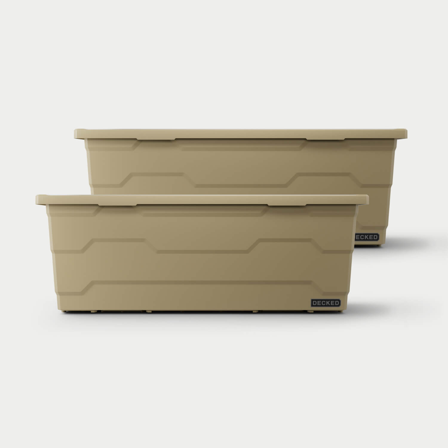 Two desert tan Payloader 133 bins, closed on a white background, staggered diagonally.