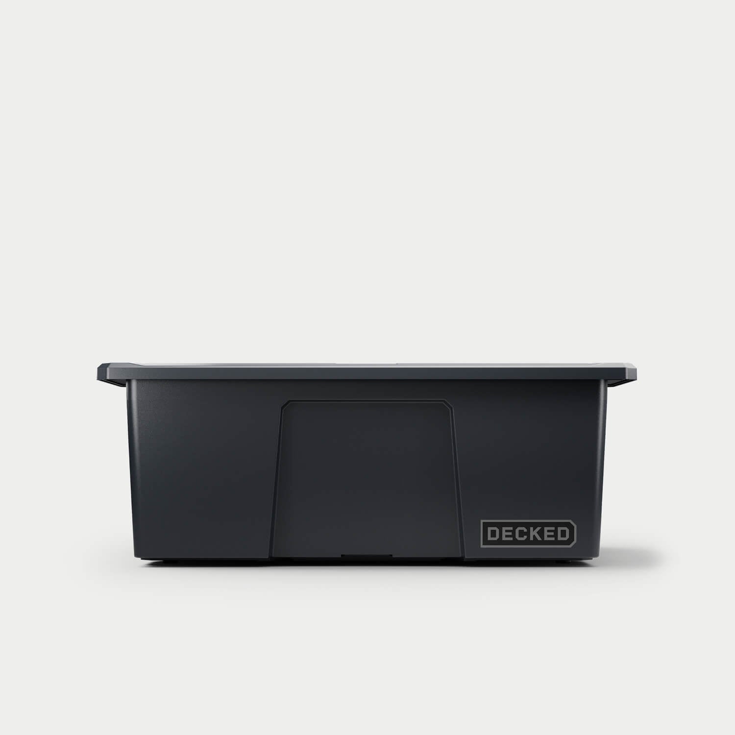 The front of one black Payloader bin, closed on a white background with a DECKED logo in the bottom right hand corner of the bin.