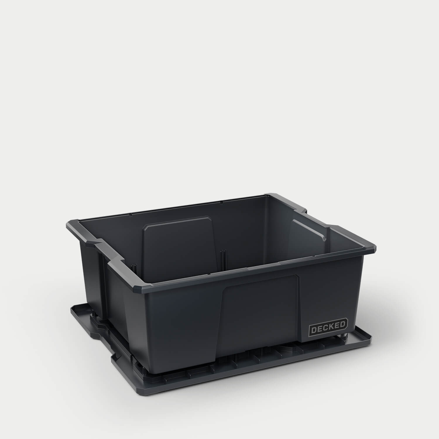 One black Payloader bin, open on a white background with the lid sitting under the bin.