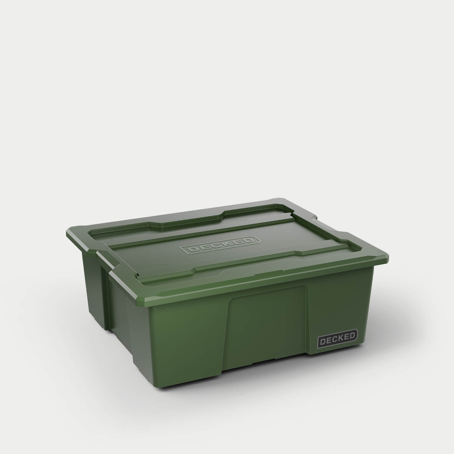One ranger green Payloader bin, closed on a white background with a DECKED logo in the bottom right hand corner of the bin.