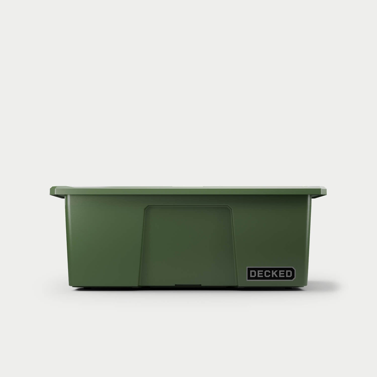 The front of one ranger green Payloader bin, closed on a white background with a DECKED logo in the bottom right hand corner of the bin.
