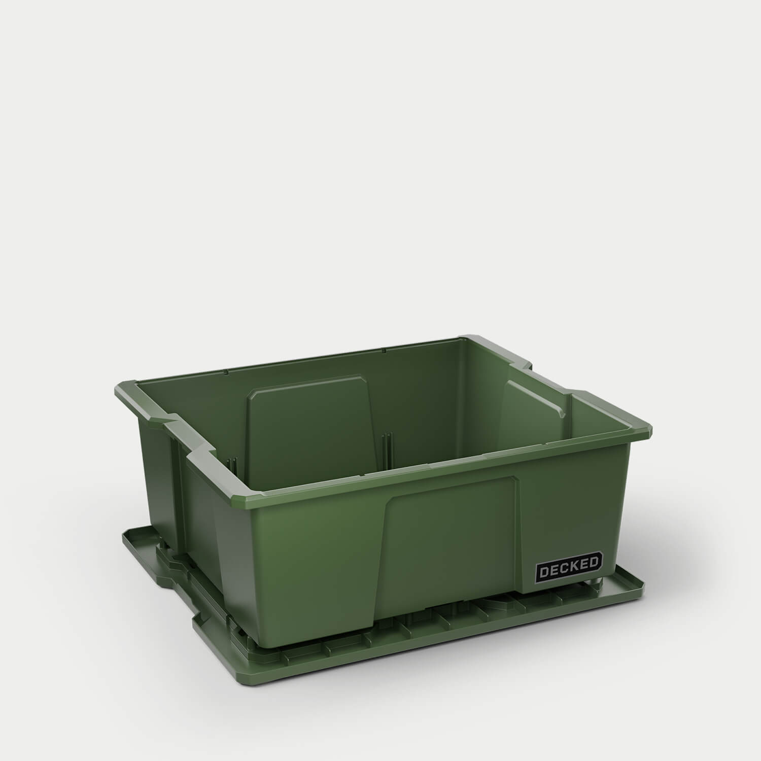 One ranger green Payloader bin, open on a white background with the lid sitting under the bin.