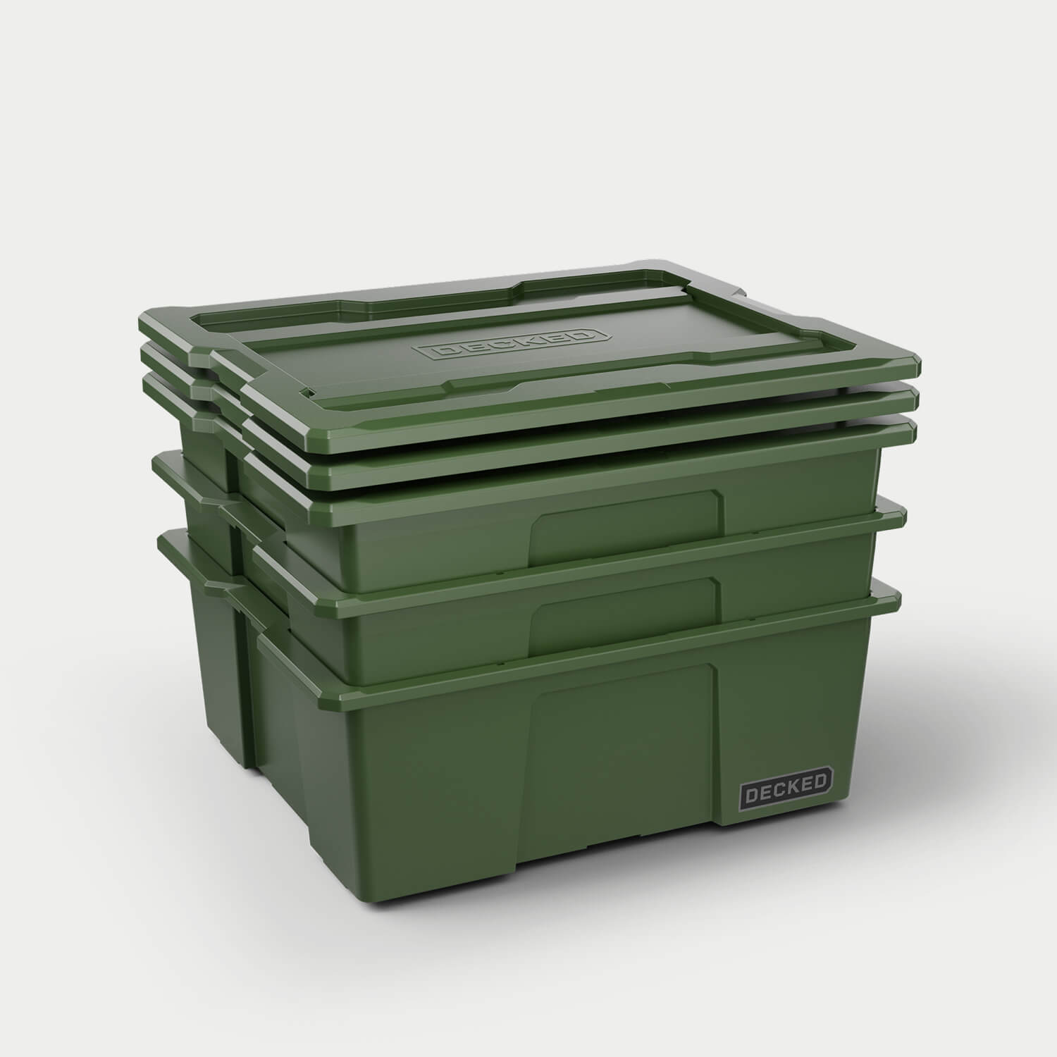 Three ranger green Payloader bins nested together with the three lids stacked on top.