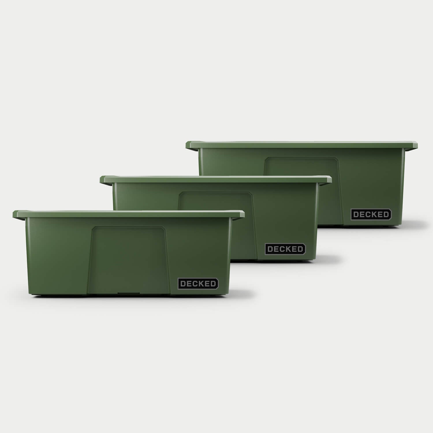 Three ranger green Payloader bins, closed on a white background, staggered diagonally.