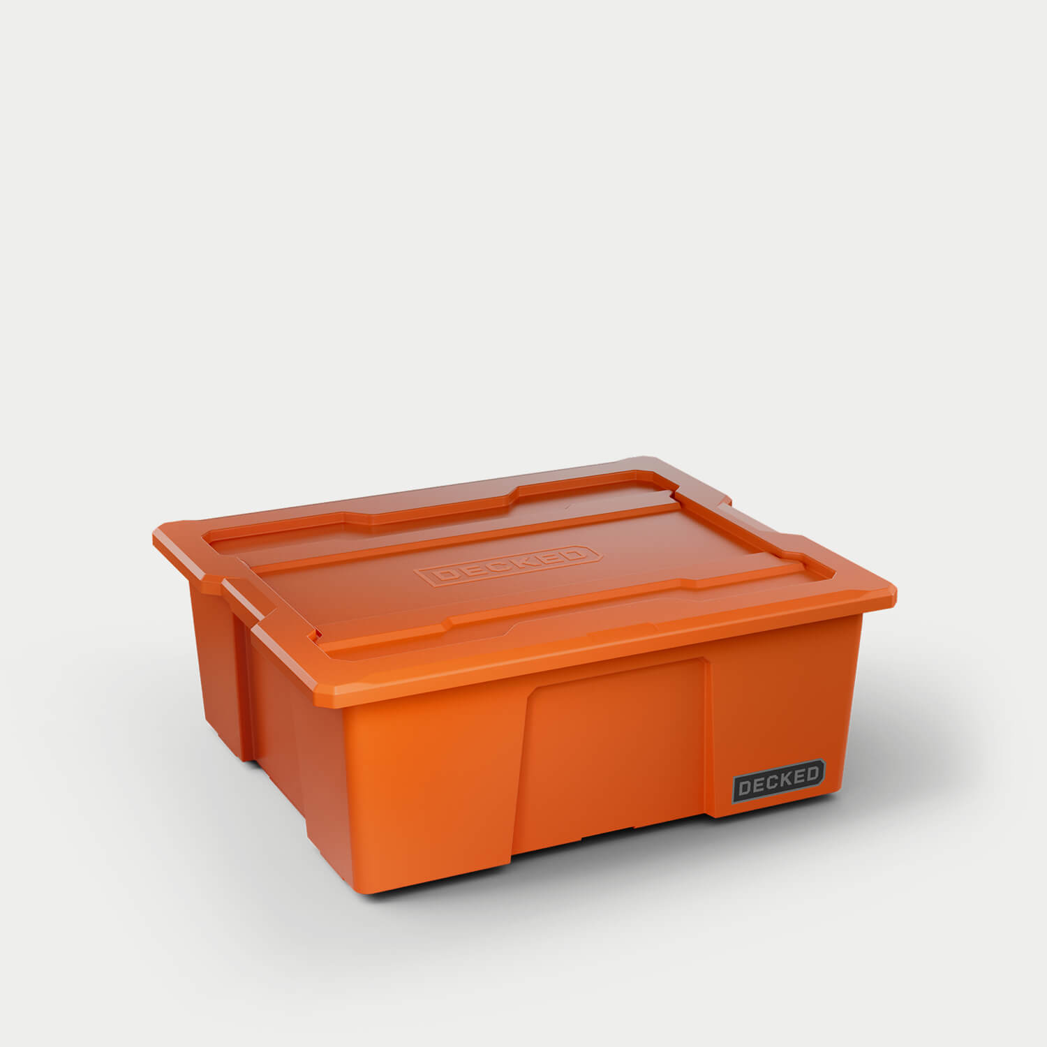 One blaze orange Payloader bin, closed on a white background with a DECKED logo in the bottom right hand corner of the bin.