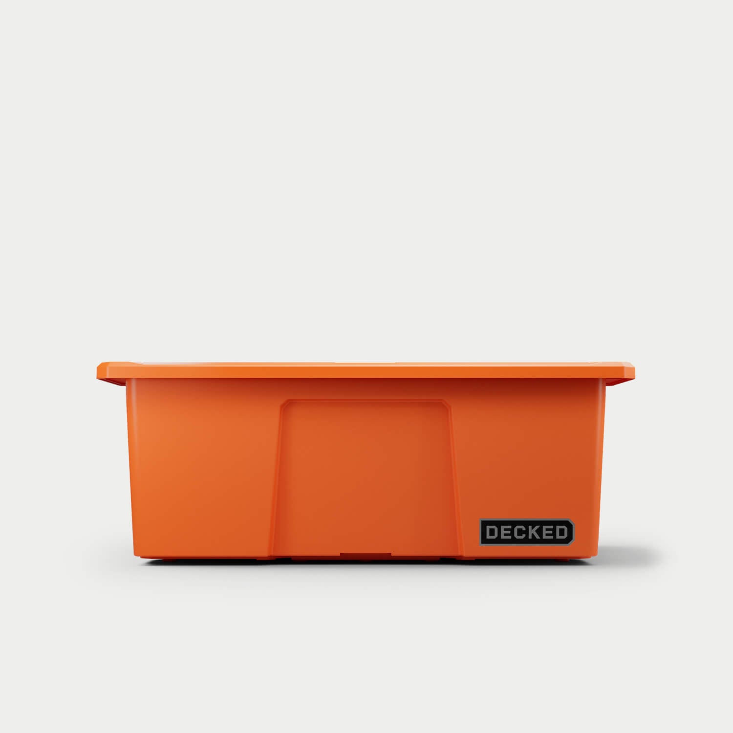 The front of one blaze orange Payloader bin, closed on a white background with a DECKED logo in the bottom right hand corner of the bin.