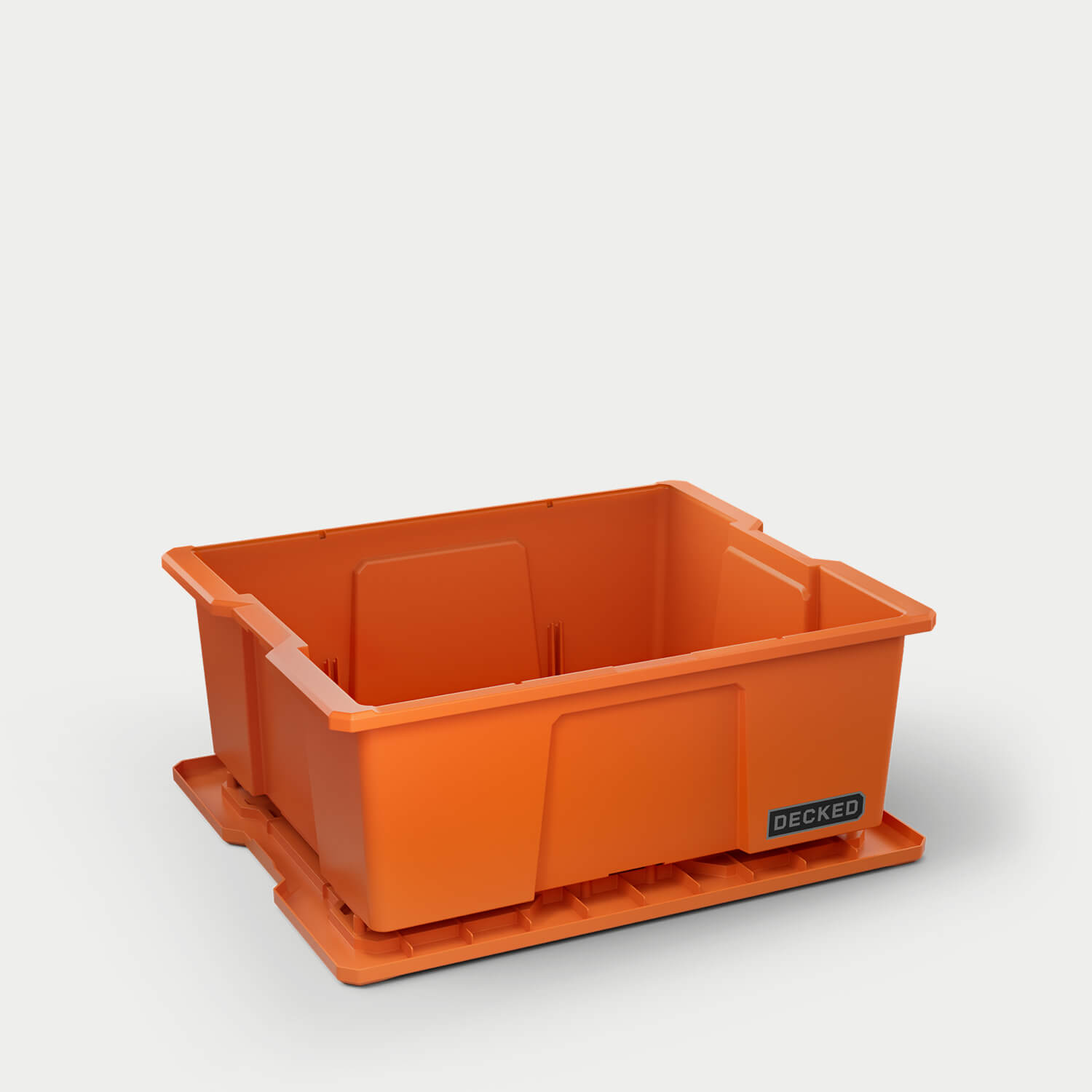 One blaze orange Payloader bin, open on a white background with the lid sitting under the bin.