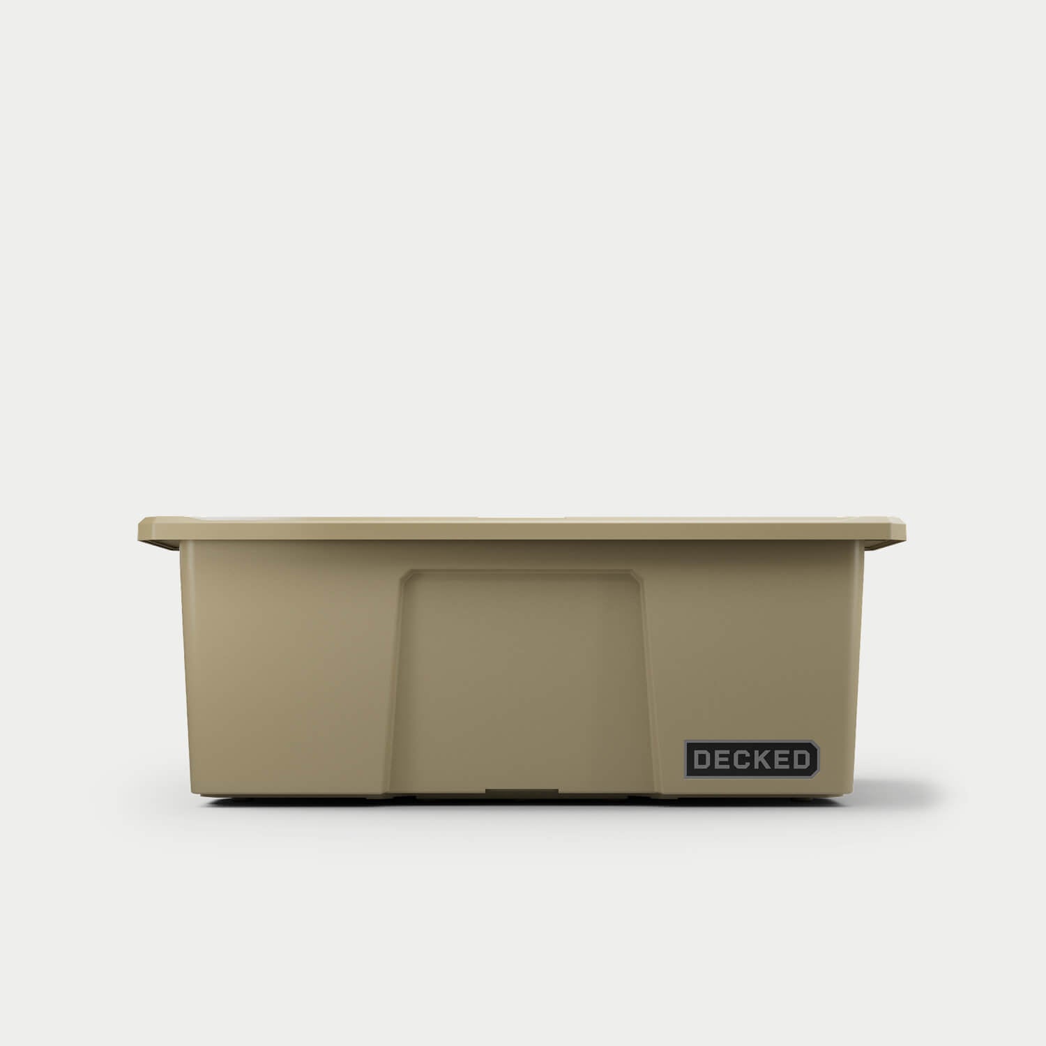 The front of one desert tan Payloader bin, closed on a white background with a DECKED logo in the bottom right hand corner of the bin.