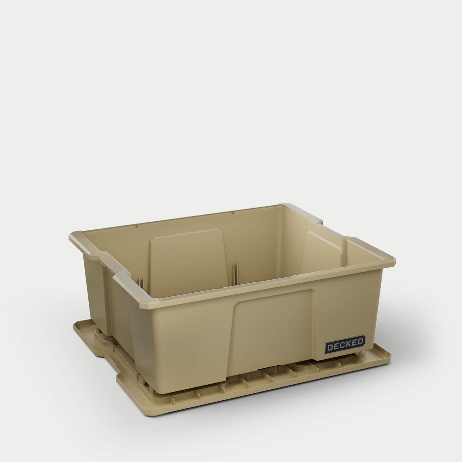 One desert tan Payloader bin, open on a white background with the lid sitting under the bin.