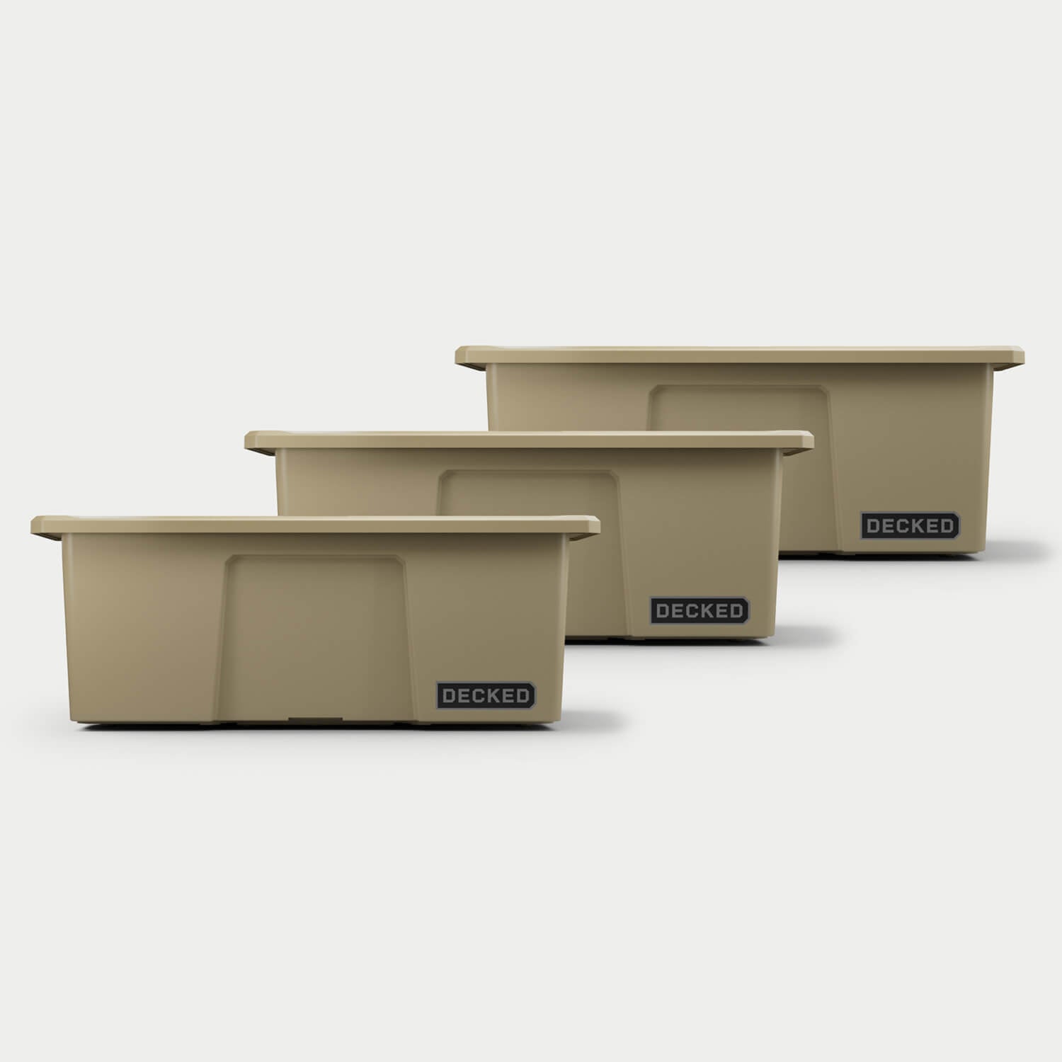 Three desert tans Payloader bins, closed on a white background, staggered diagonally.
