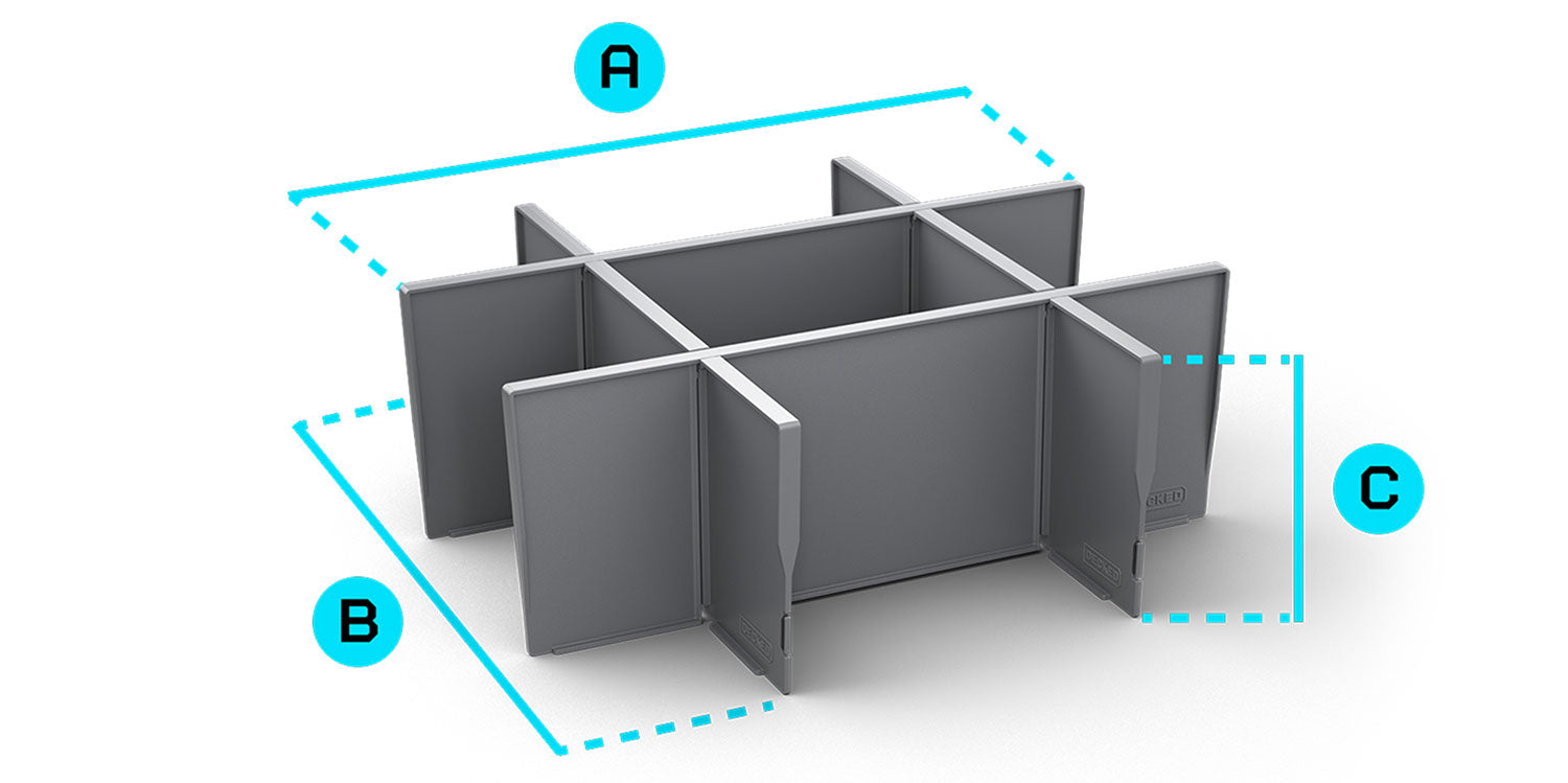 A modular gray drawer divider system for Payloader 32 Bin forming a grid of compartments, with cyan dimension arrows labeled A (width), B (depth), and C (height) marking the pod's overall measurements.