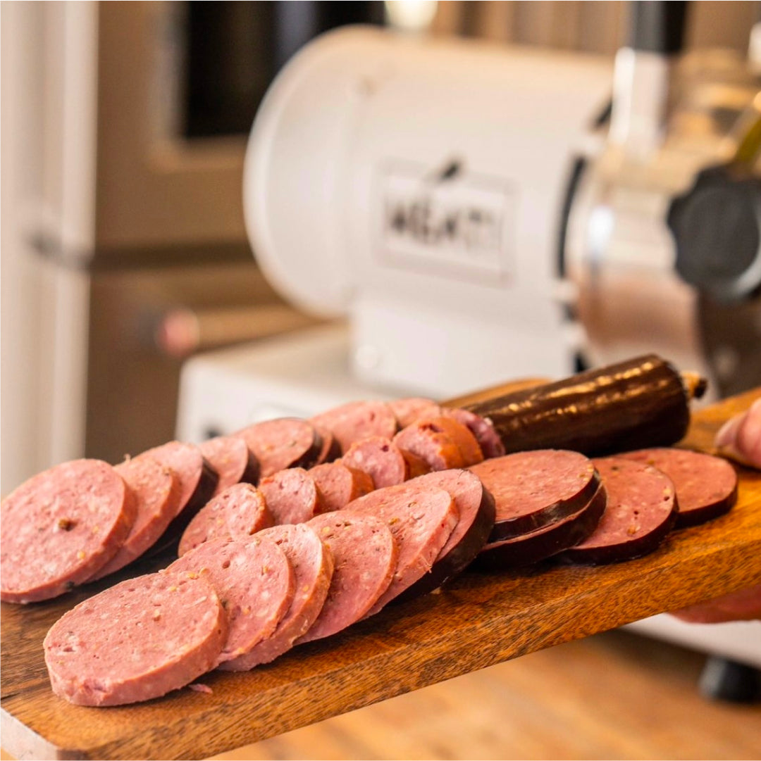 Remi Warren's kitchen featuring the summer sausage he processed.