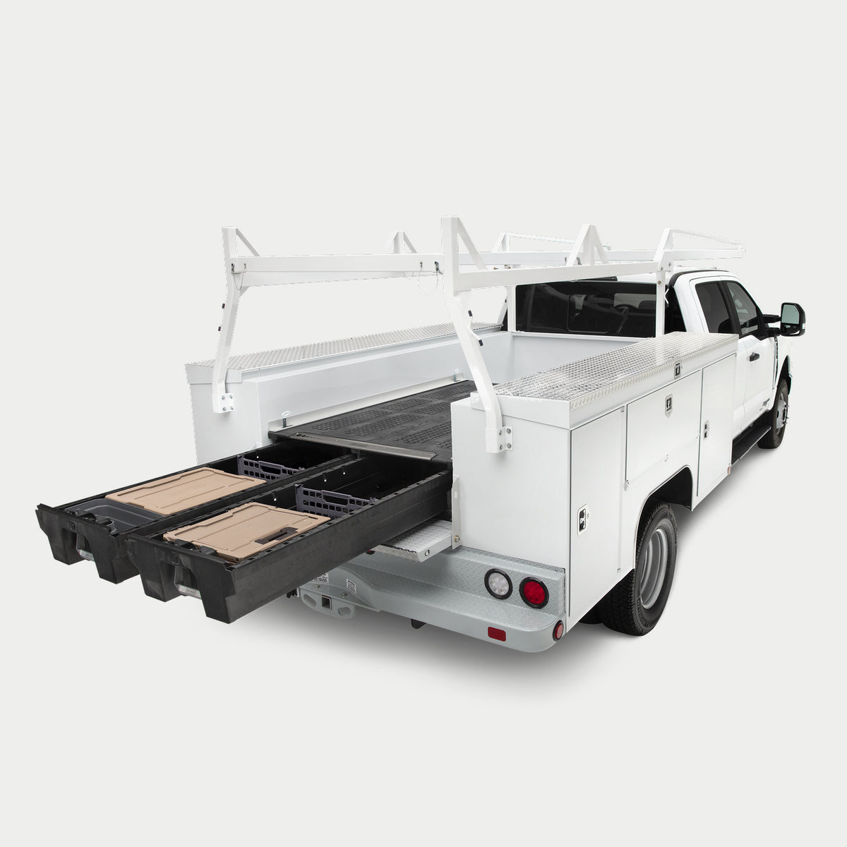 Angled image of a service body truck with a Drawer System in the bed.