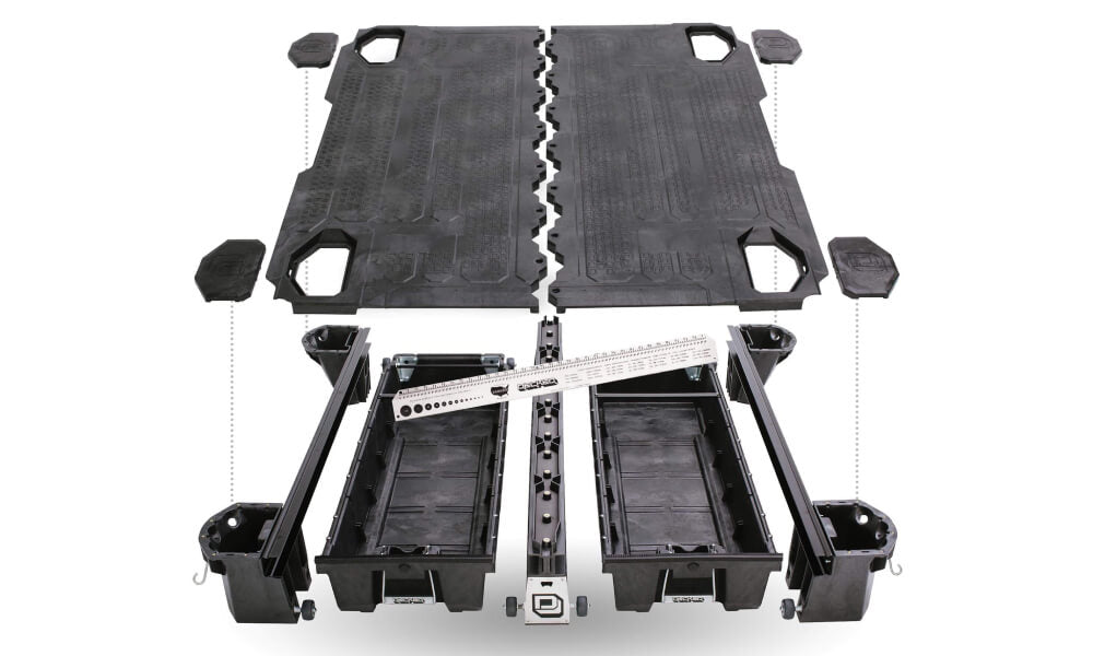 Studio image of drawer system deconstructed to show all parts
