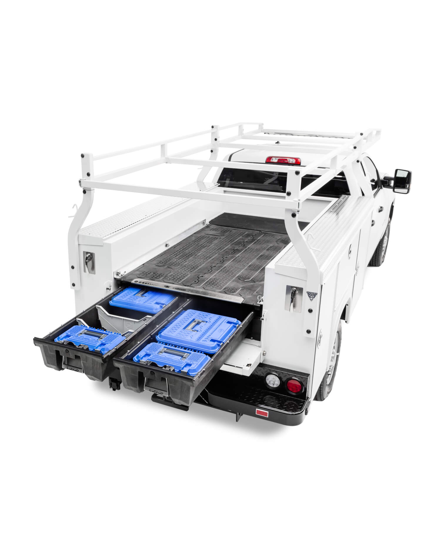 Service body truck with a drawer system in the back and drawers open