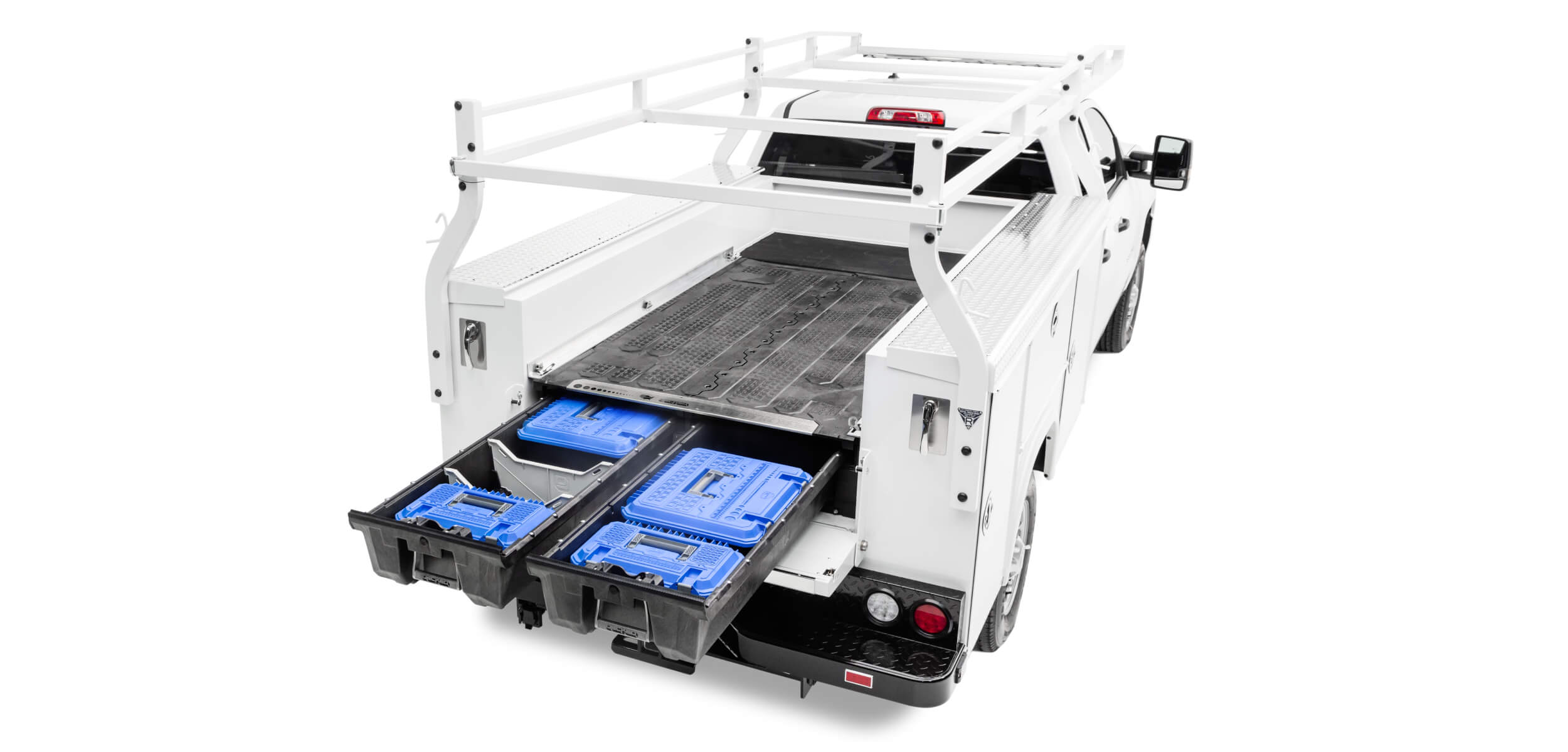Service body truck with a drawer system in the back and drawers open