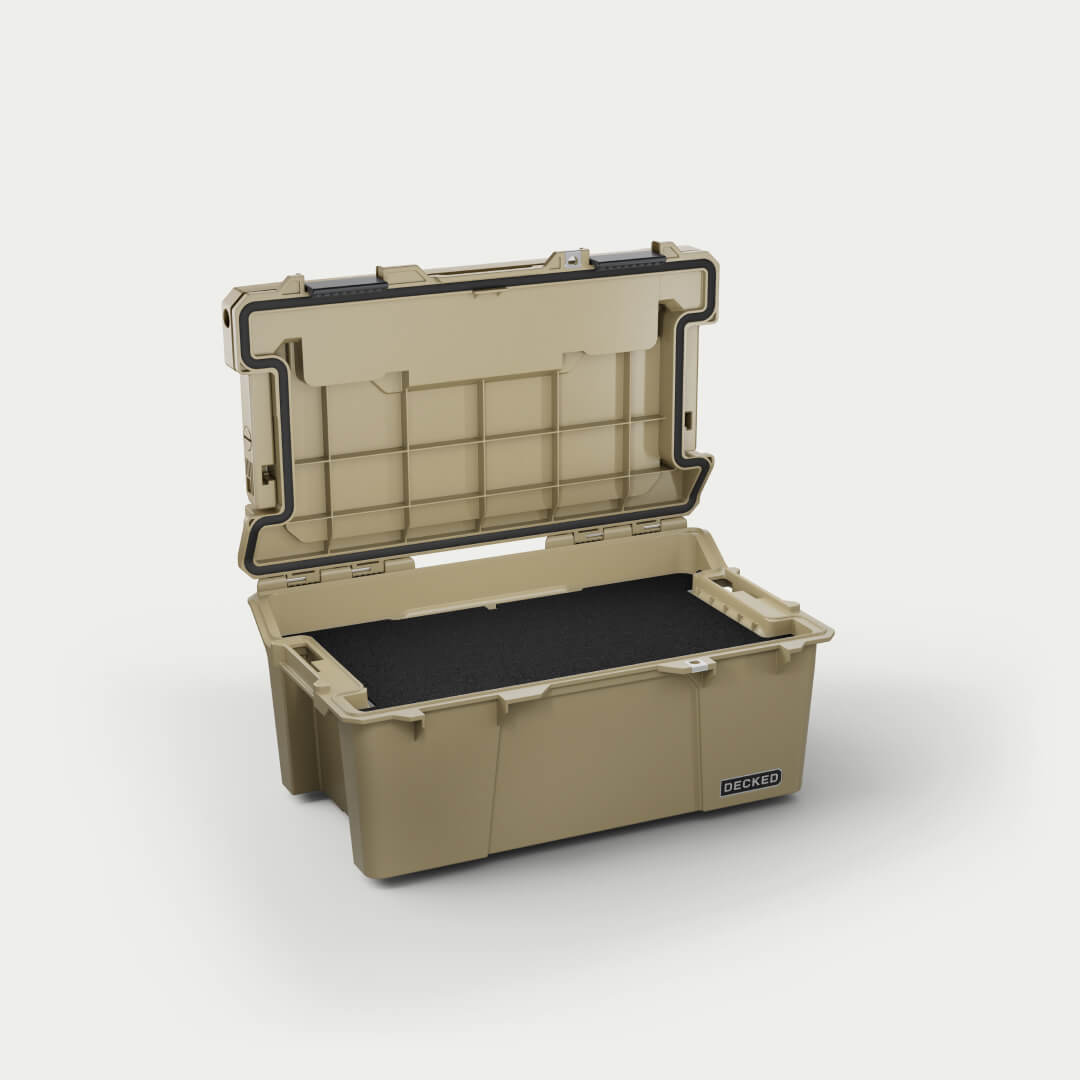 Side angle view of the Desert Tan Sixer 16 open with the custom foam inside (sold separately).