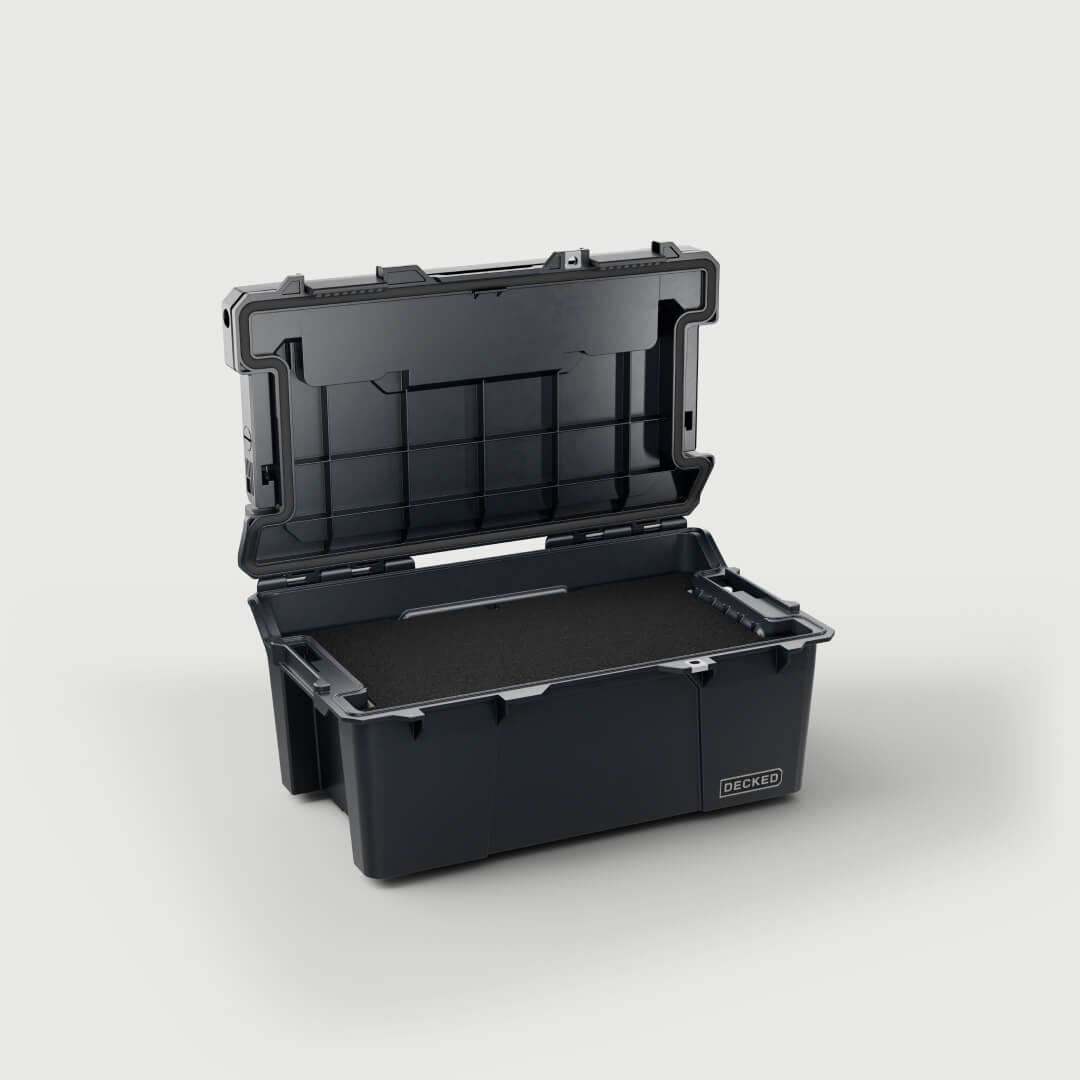 Side angle view of a black Sixer 16 open with the custom foam inside (sold separately).
