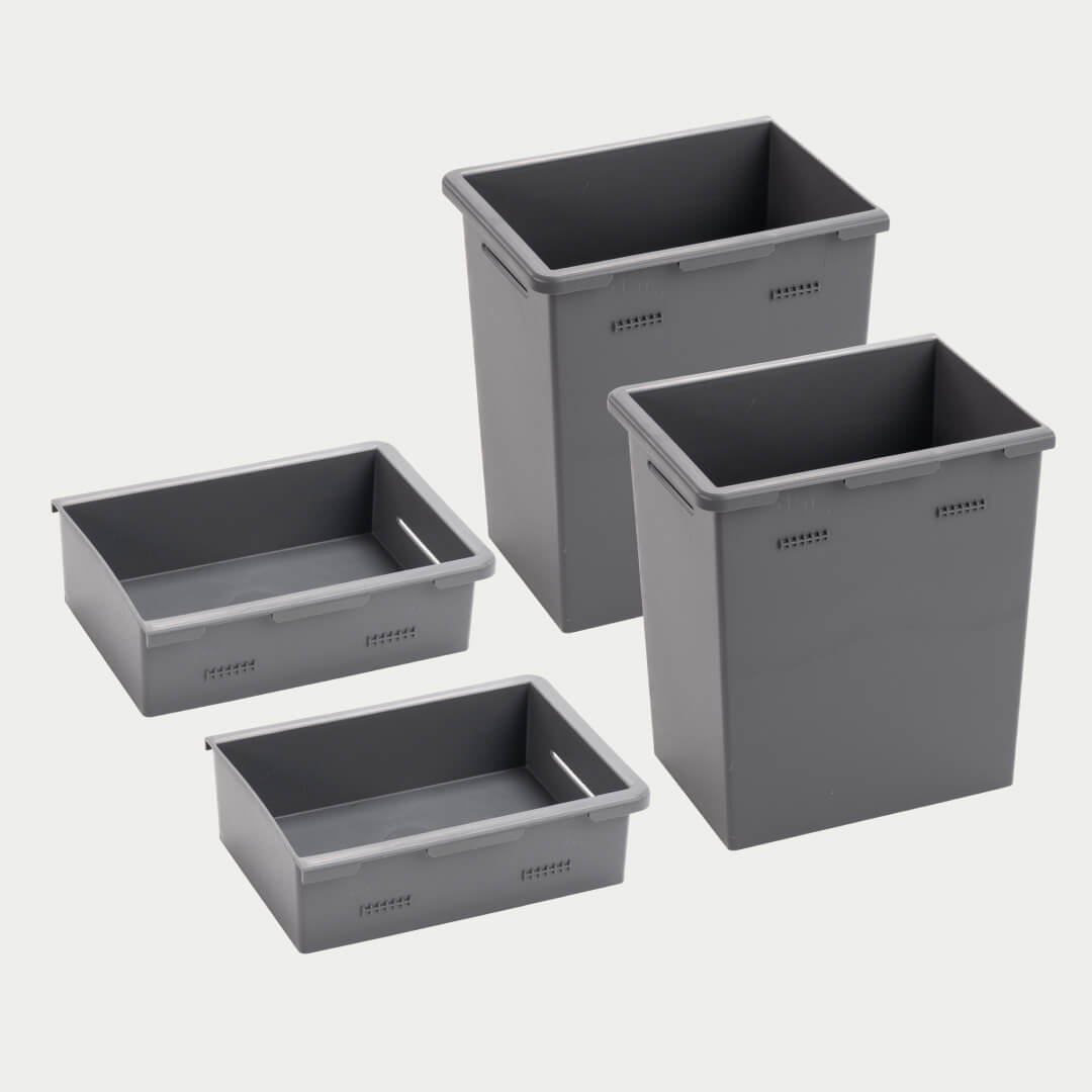 Two shallow and two deep stash bins on a grey background
