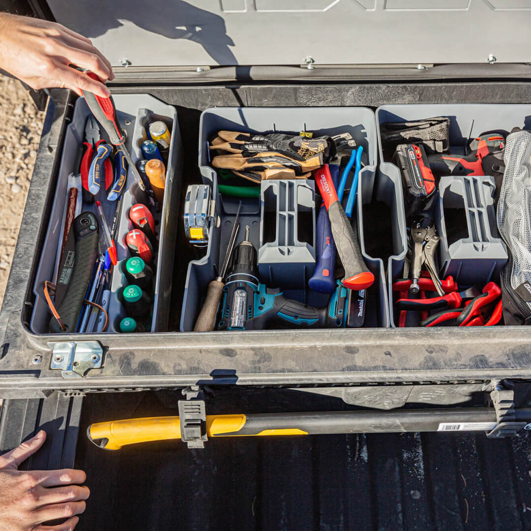 Super Snack Tray inside a DECKED Tool Box storing tools