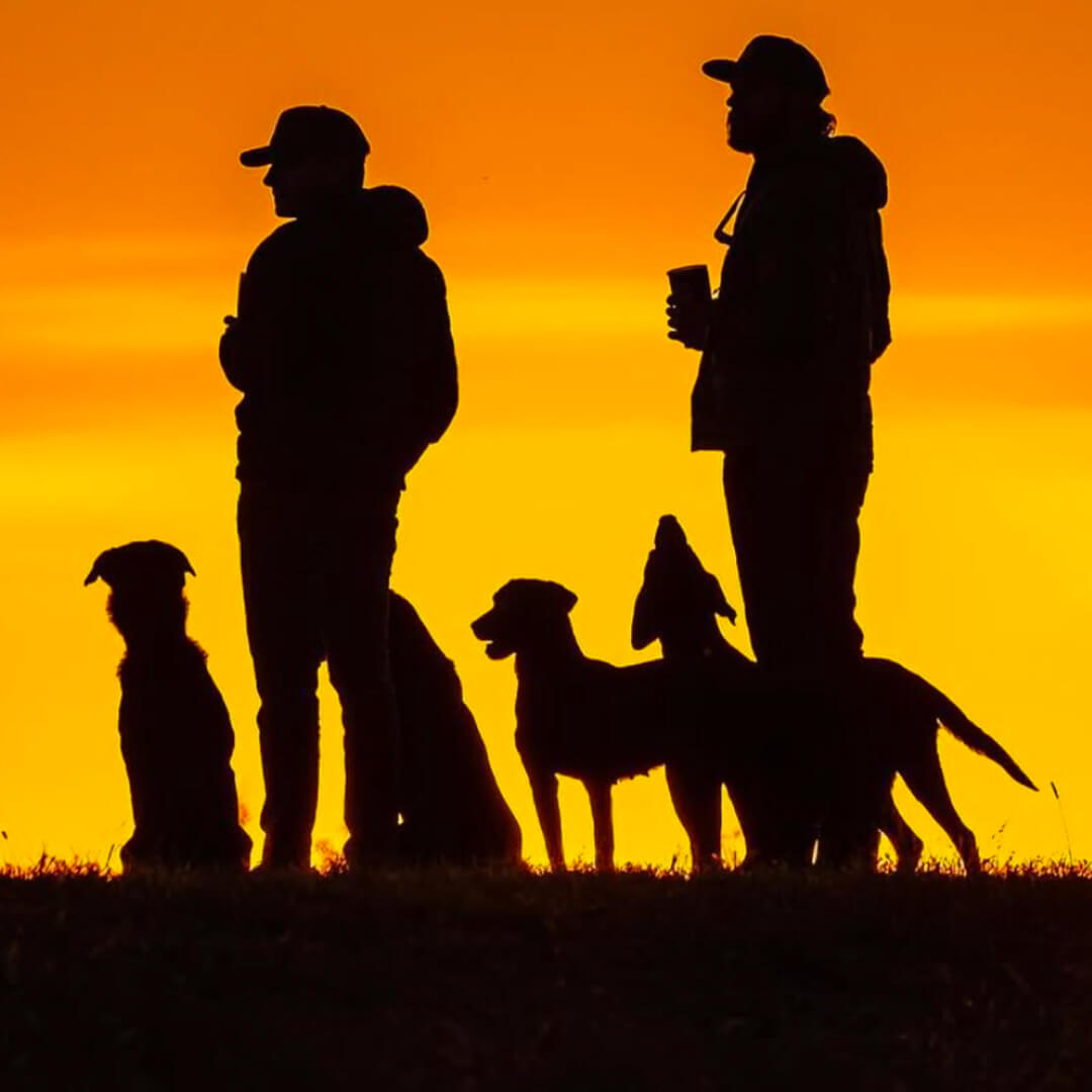 A moody, shadowed shot of Wade, his buddy, and a couple loyal labs closing out the day with the sunset in the background.