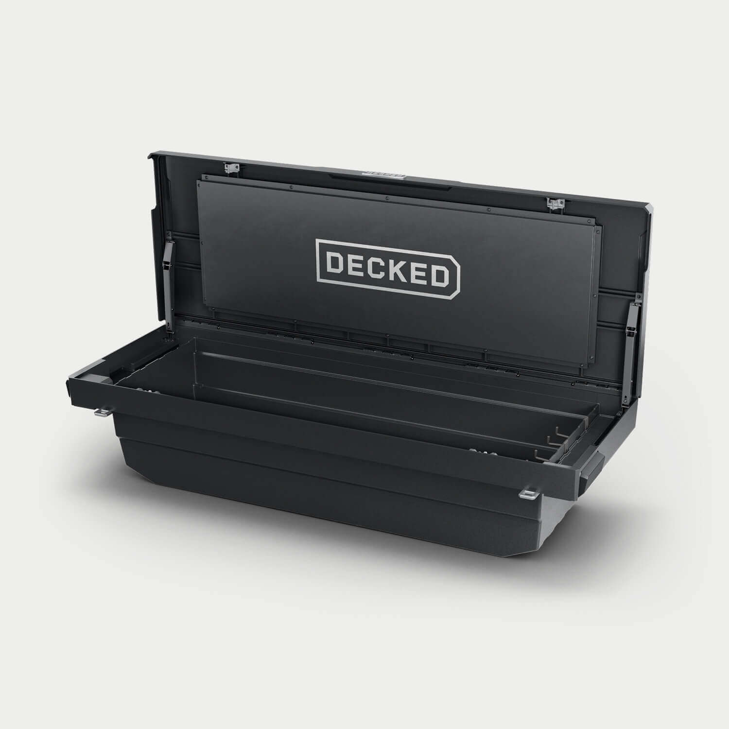 Black Truck Tool Box with 'DECKED' branding on a light gray background