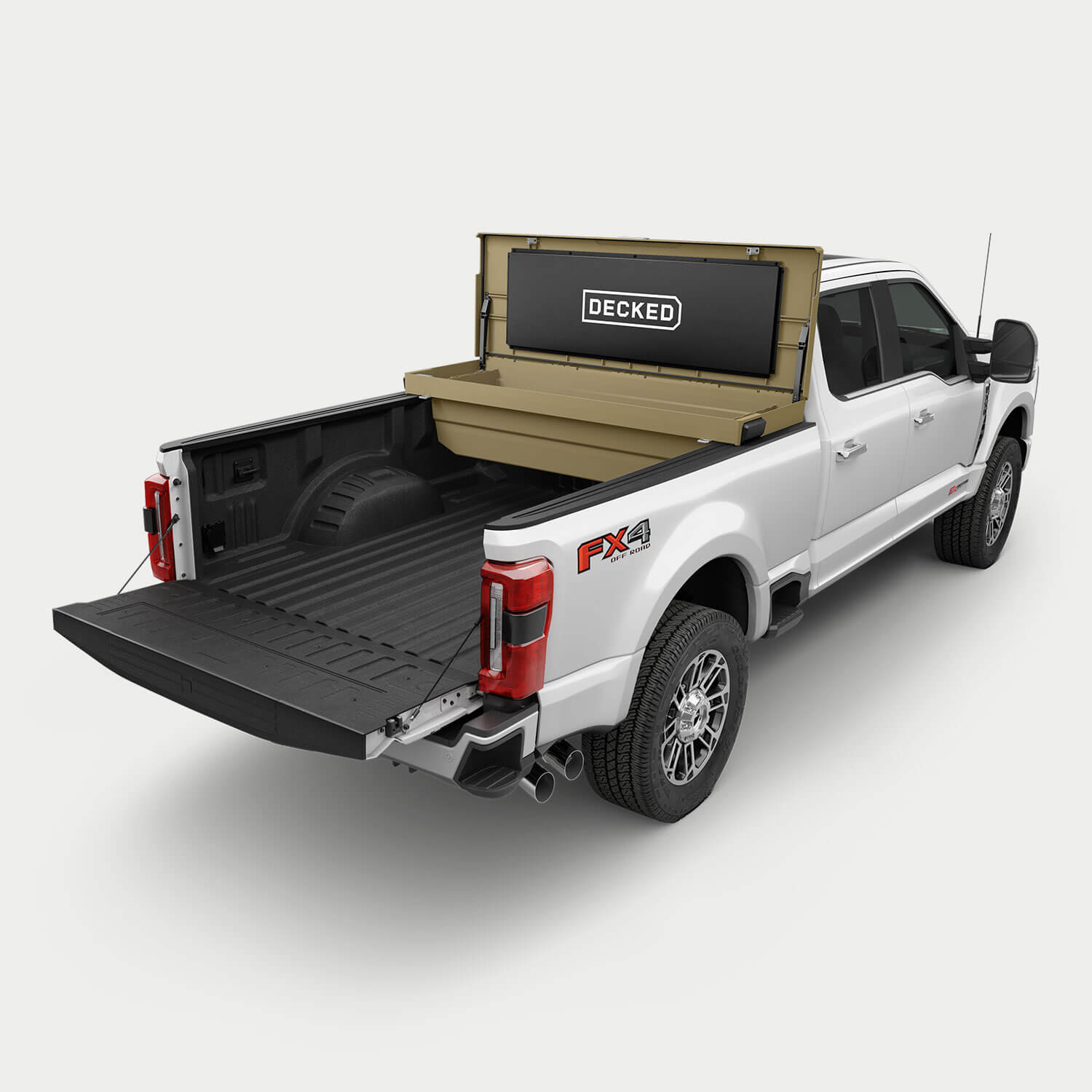 White pickup truck with a tan DECKED Tool Box open in the bed.