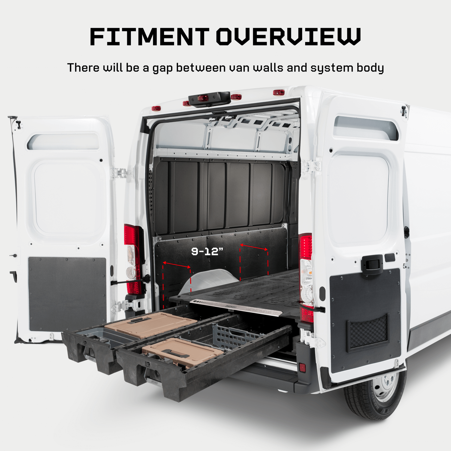 Fitment overview of the Drawer System for cargo vans, illustrating that there is a 9 to 12 inch gap between the side of the Drawer System and the van's walls.
